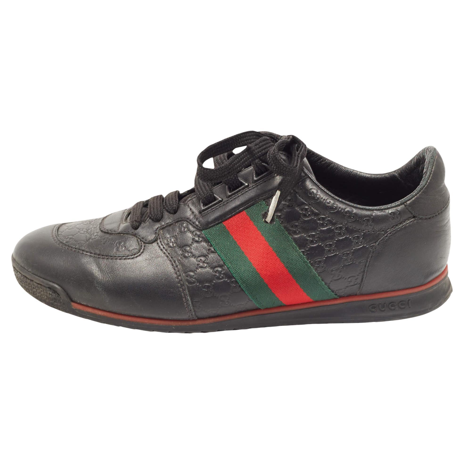 Gucci Black Microguccissima Leather Web Low Top Sneakers Size 40.5 For Sale