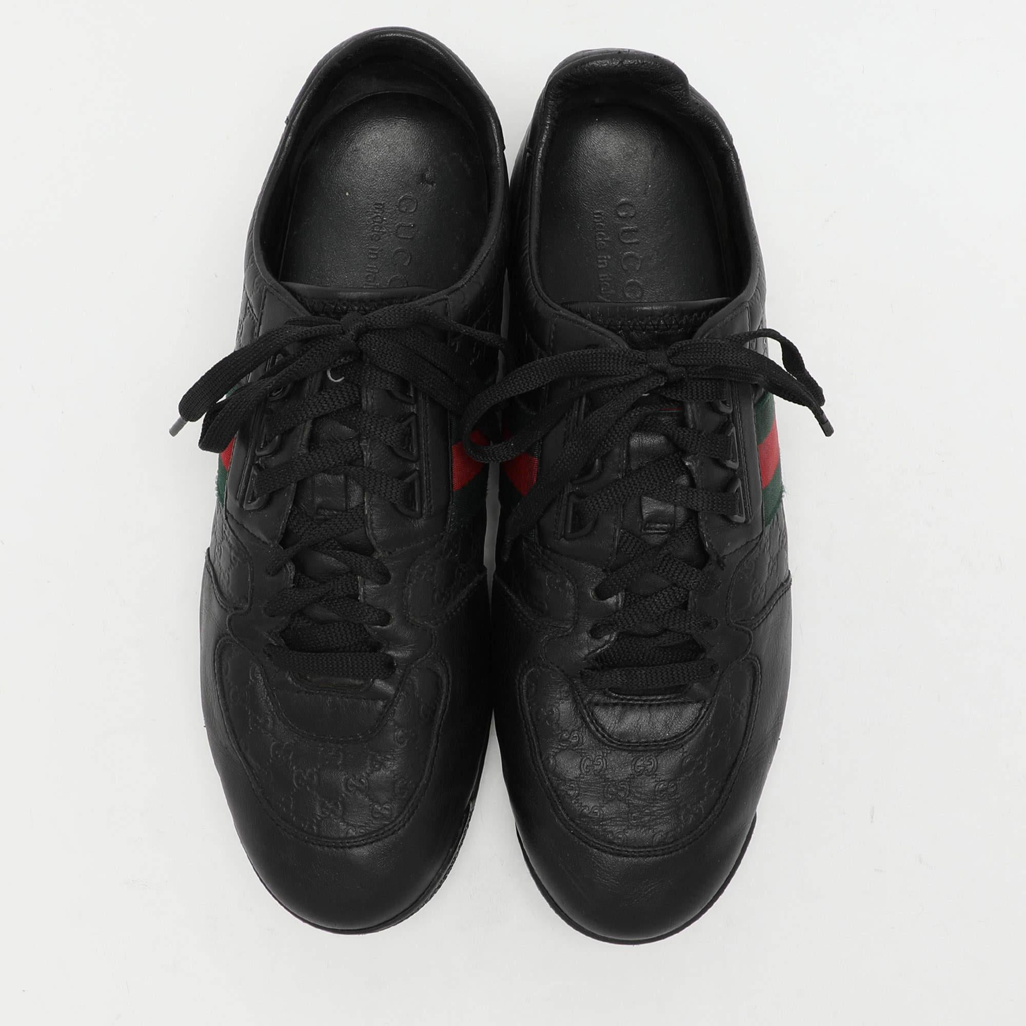 Gucci Schwarz Microguccissima Leder Web Low Top Turnschuhe Größe 43.5 im Zustand „Gut“ im Angebot in Dubai, Al Qouz 2