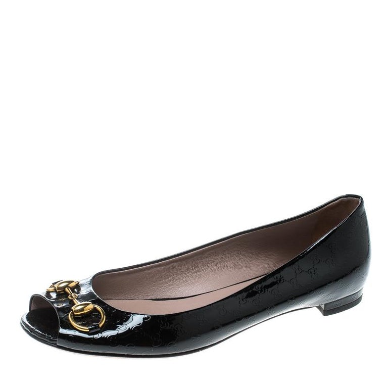 Gucci Black Microguccissima Patent Jolene Horsebit Detail Peep Toe Ballet Flats For Sale at 1stDibs