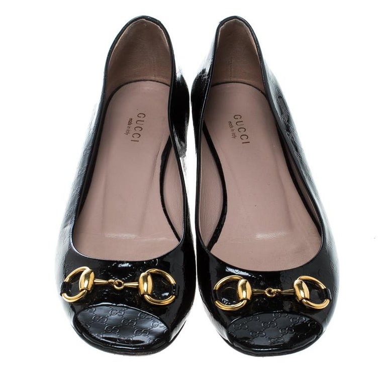 Gucci Black Microguccissima Patent Jolene Horsebit Detail Peep Toe