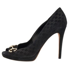 Gucci Black Microguccissima Suede Horsebit Peep Toe Pumps Size 39