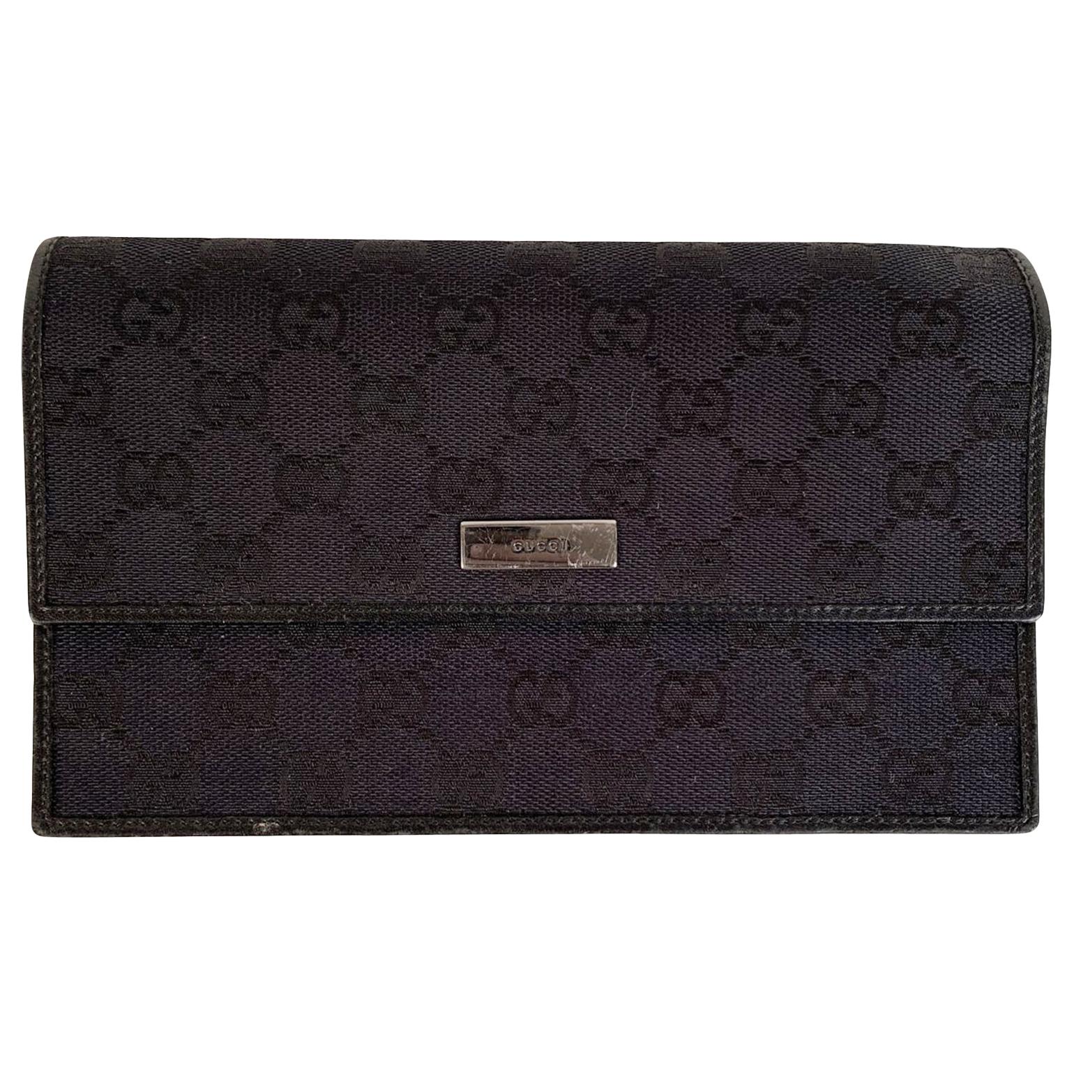 Gucci Black Monogram Canvas Flap Pouch Wallet Purse