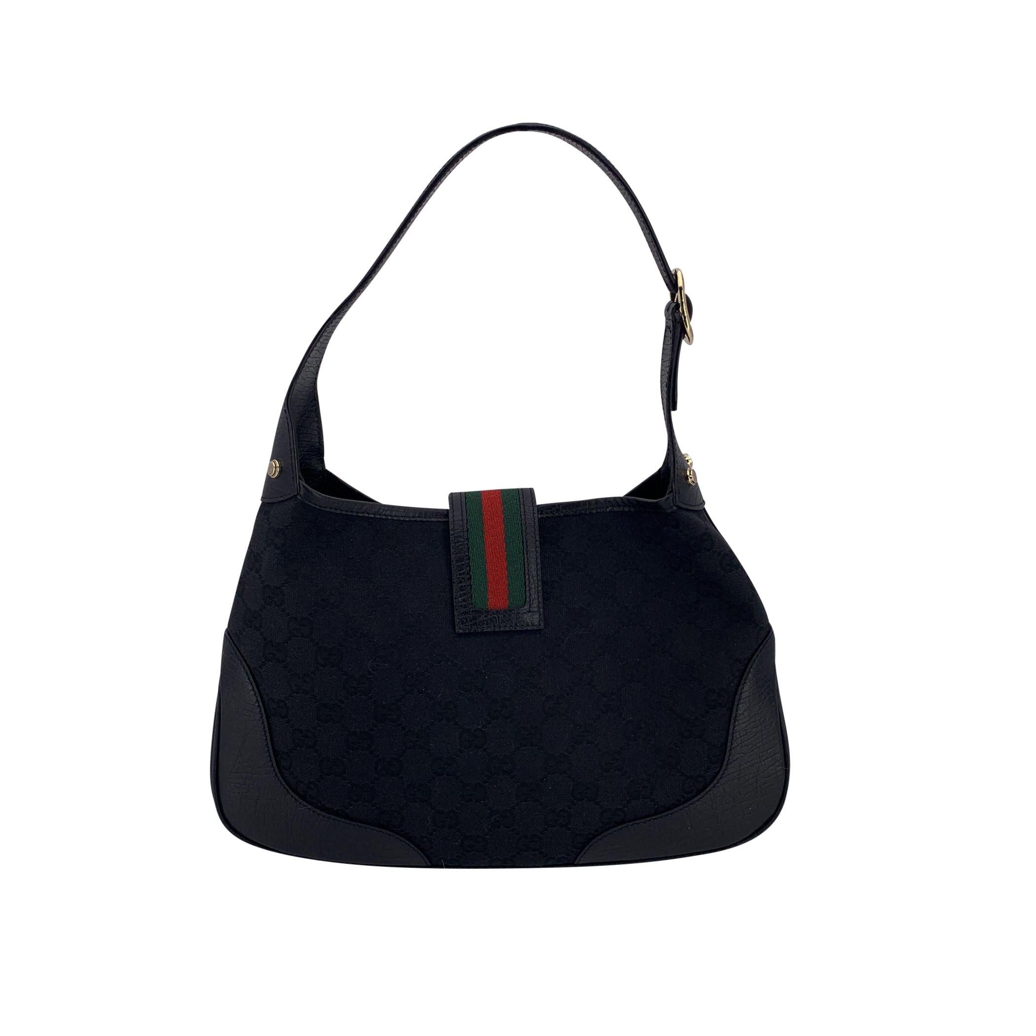 Gucci Black Monogram Canvas Leather Web Hobo Shoulder Bag In Good Condition For Sale In Rome, Rome
