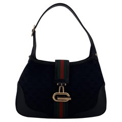 Gucci Black Monogram Canvas Leather Web Hobo Shoulder Bag