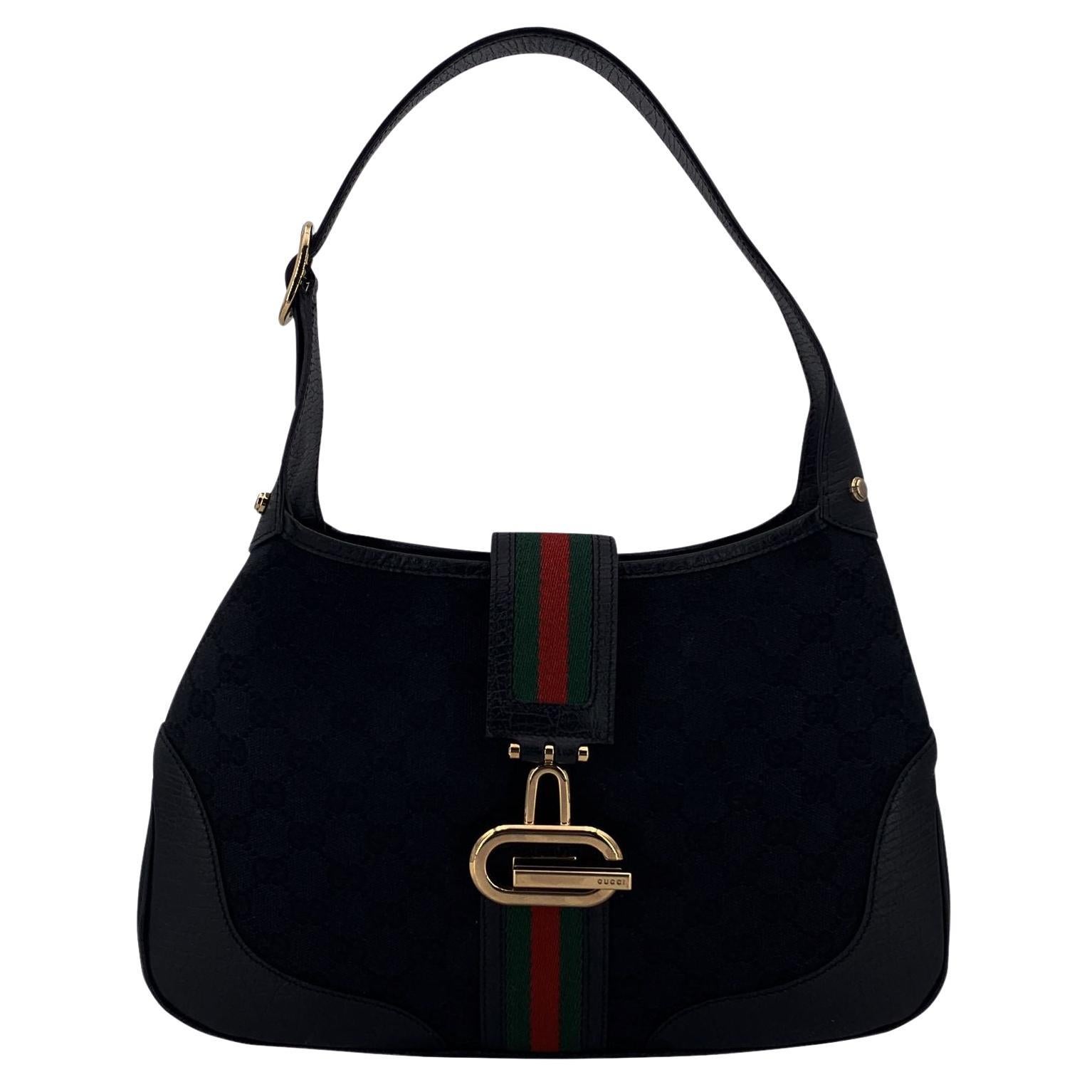 Gucci Schwarz Monogram Canvas Leder Web Hobo Umhängetasche