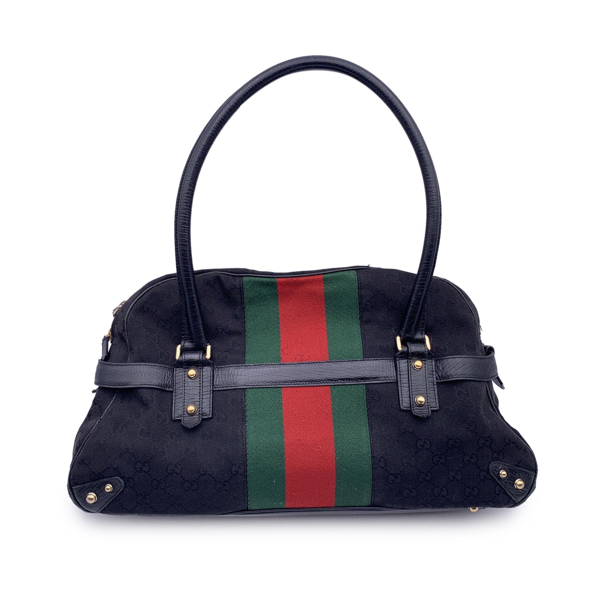 Gucci Black Monogram Canvas Striped Horsebit Satchel Bag In Good Condition In Rome, Rome