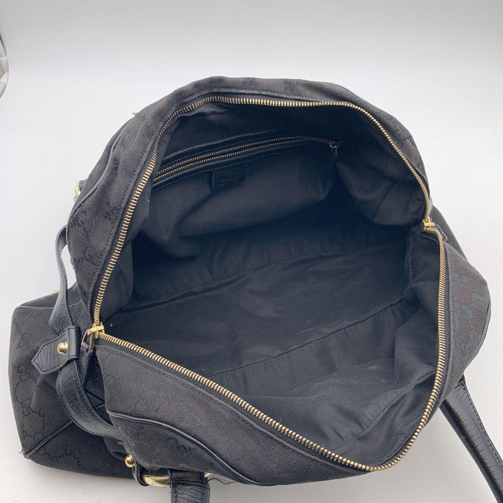 Women's Gucci Black Monogram Canvas Striped Horsebit Satchel Bag