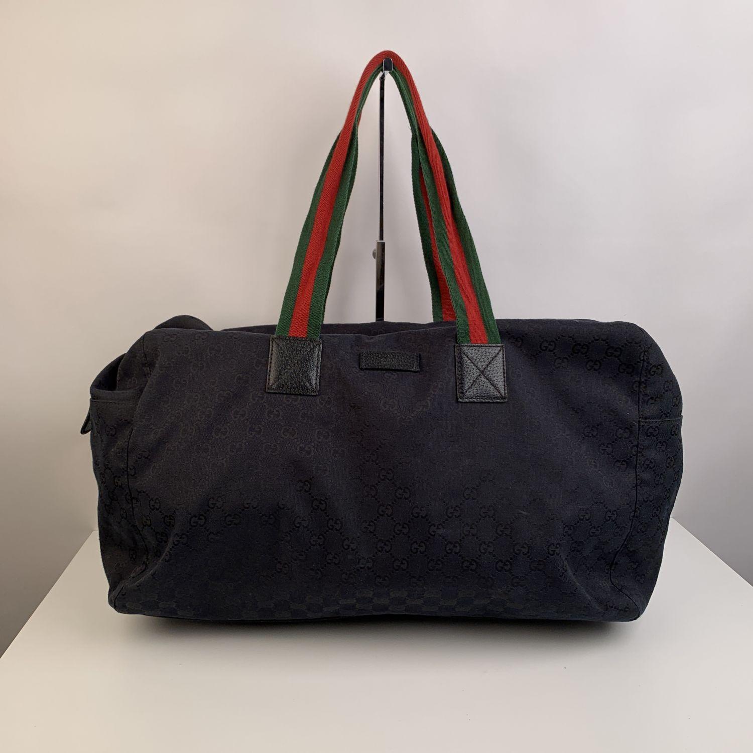Gucci Black Monogram Canvas Web Duffle Duffel Travel Bag