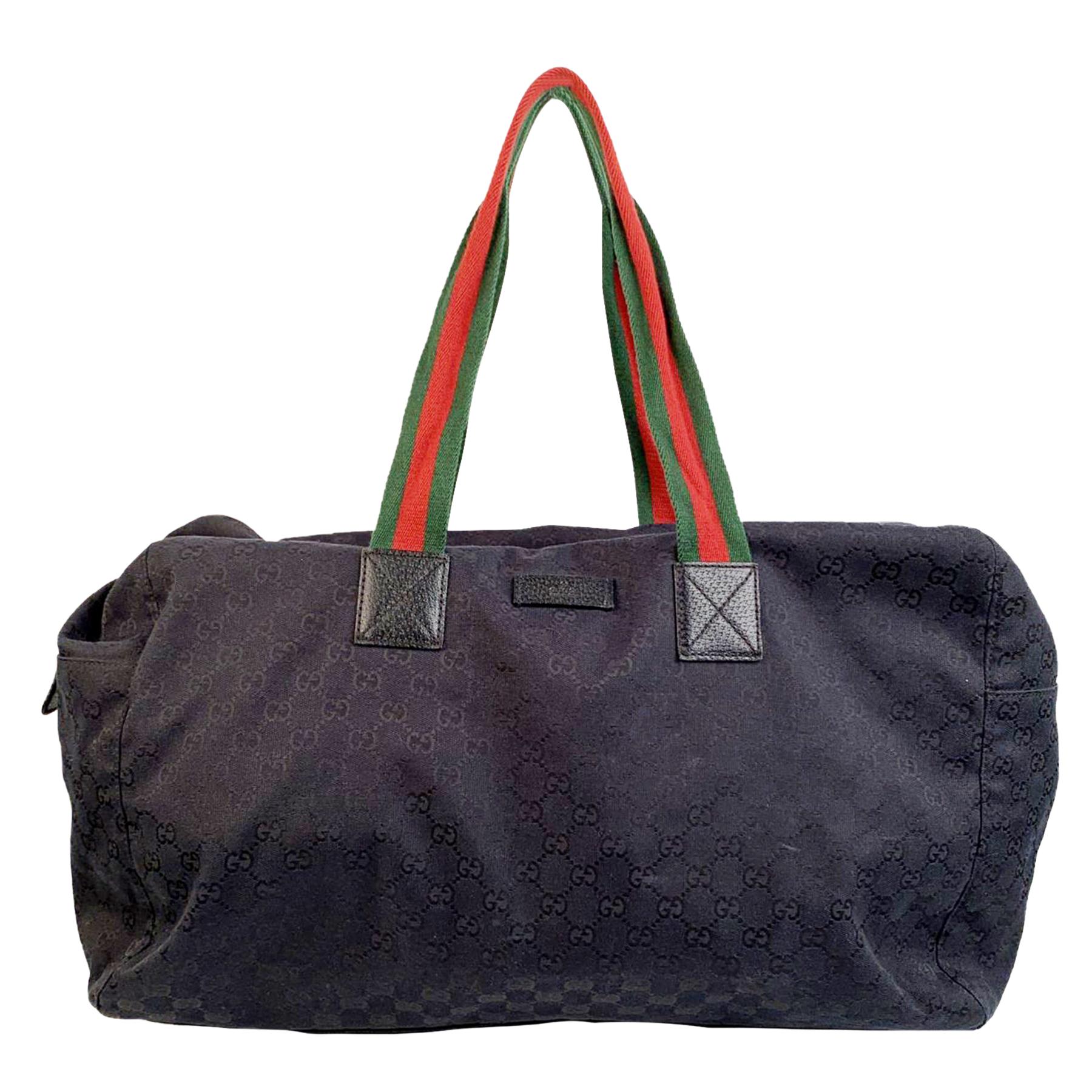 Gucci Black Monogram Canvas Web Duffle Duffel Travel Bag For Sale at  1stDibs