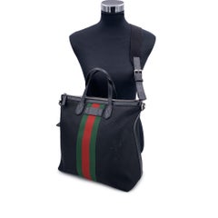 Gucci Black Monogram Canvas Web Strap Vertical Techno Tote Bag