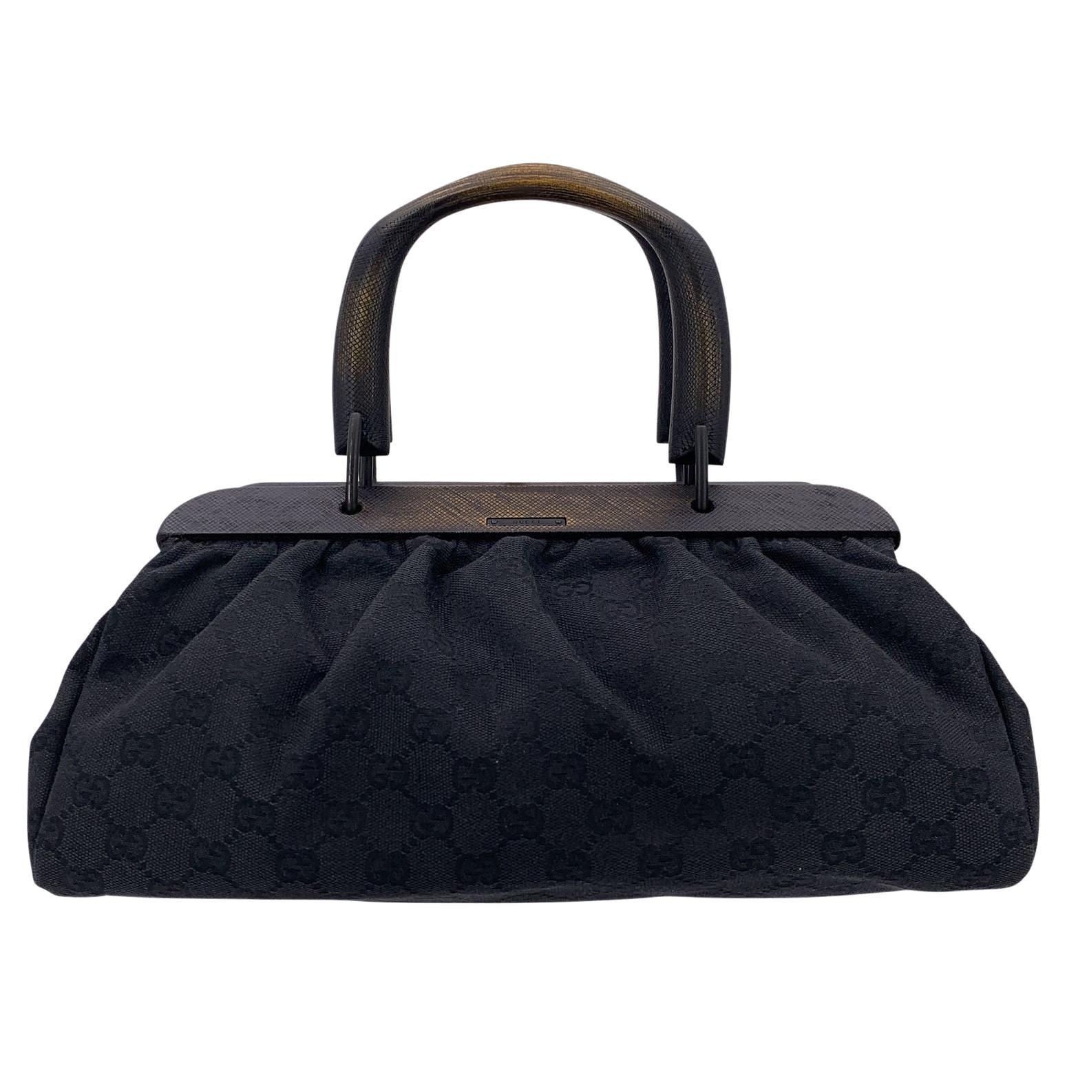 Gucci Black Monogram Canvas Wood Frame Handles Handbag Bag