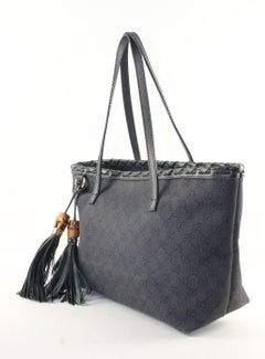 Gucci Black Monogram Denim Bamboo Fringe Tassel Tote 2GK1214K
