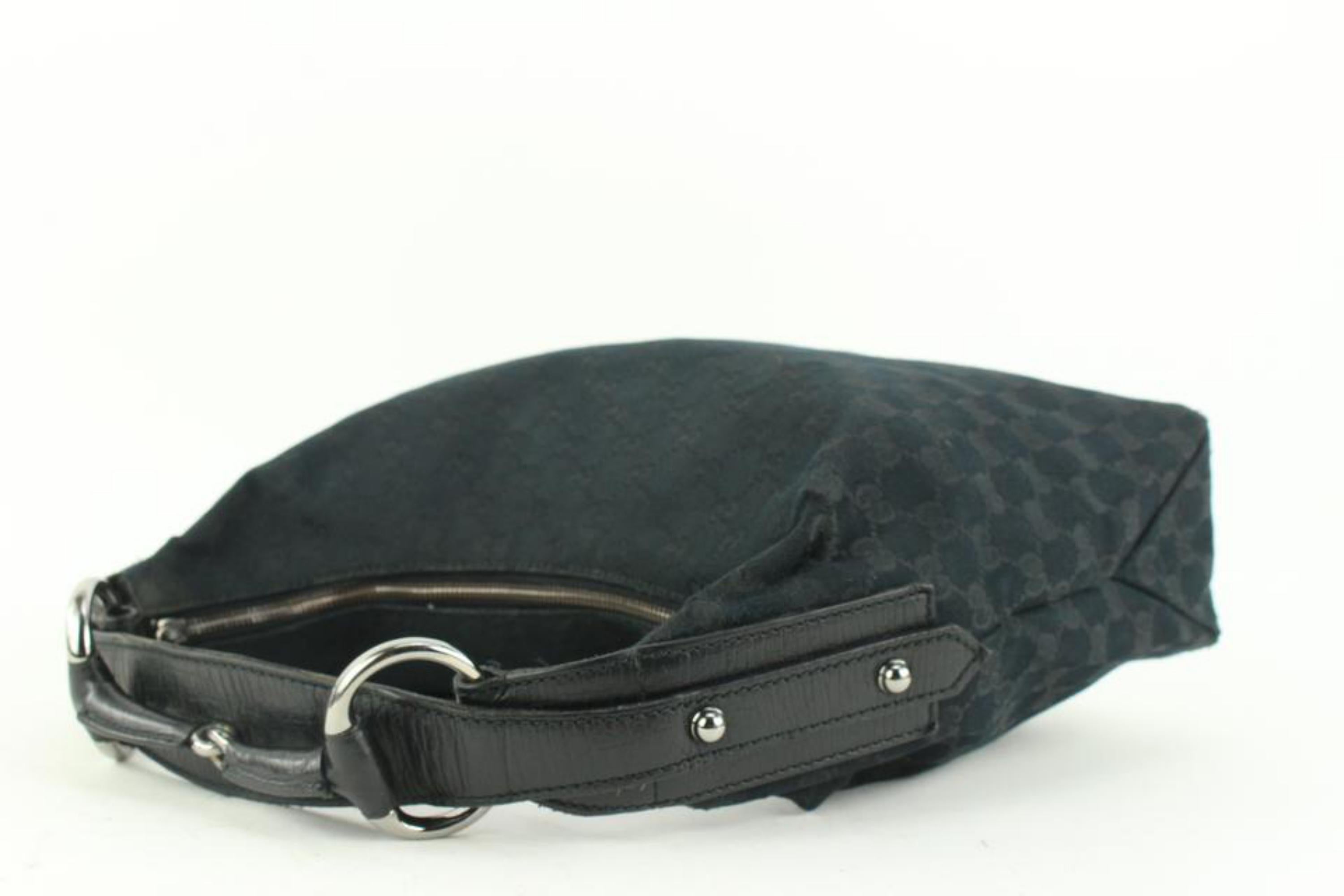 Gucci Black Monogram GG Horsebit Hobo Bag 5G113 For Sale 2