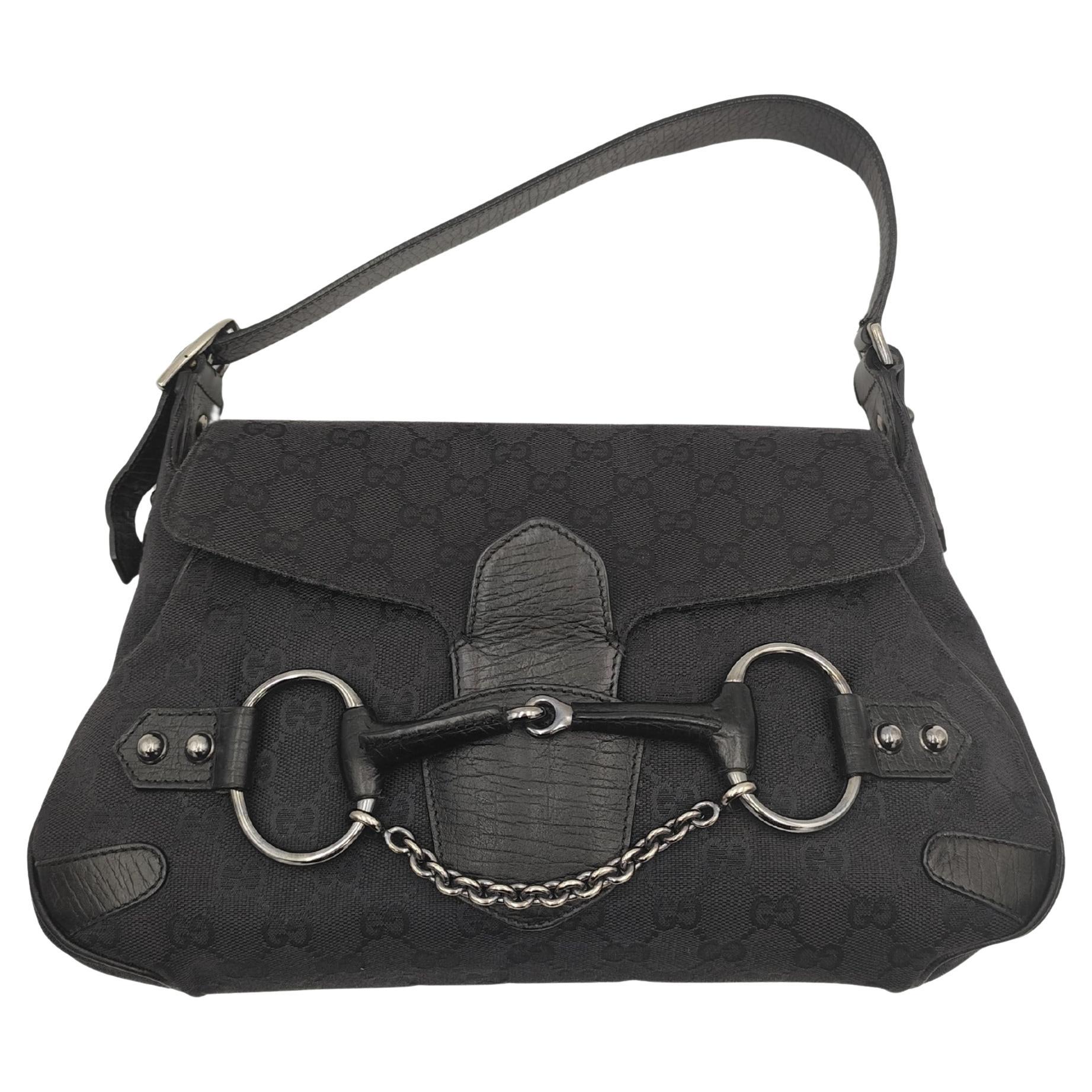 Gucci black monogram horsebit chain shoulder bag For Sale