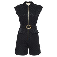 Gucci Black Monogram Jacquard Faille Belted Jumpsuit S