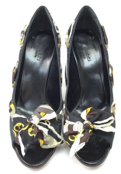 Gucci Black Monogram Peep-Toe Heels with Woven Scarf - 8