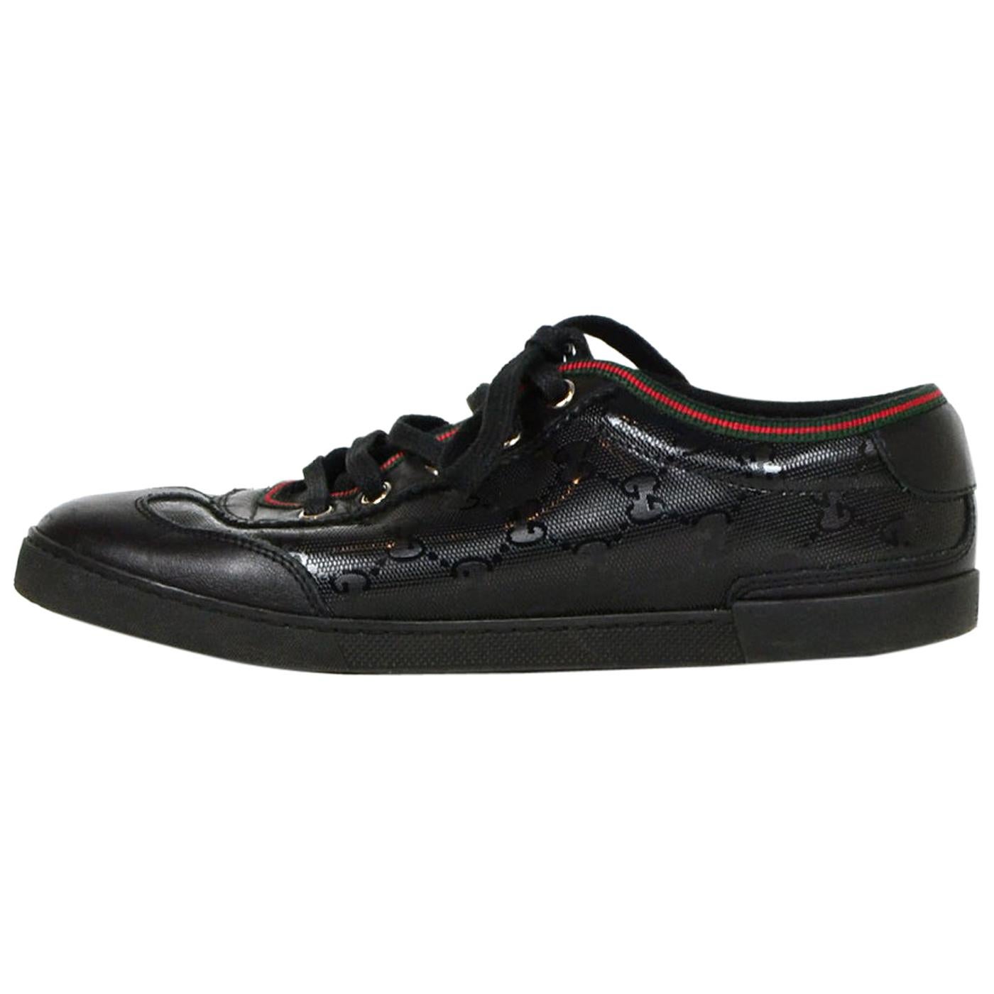 Gucci Black Monogram Sneakers w/ Leather Trim sz 36.5 For Sale