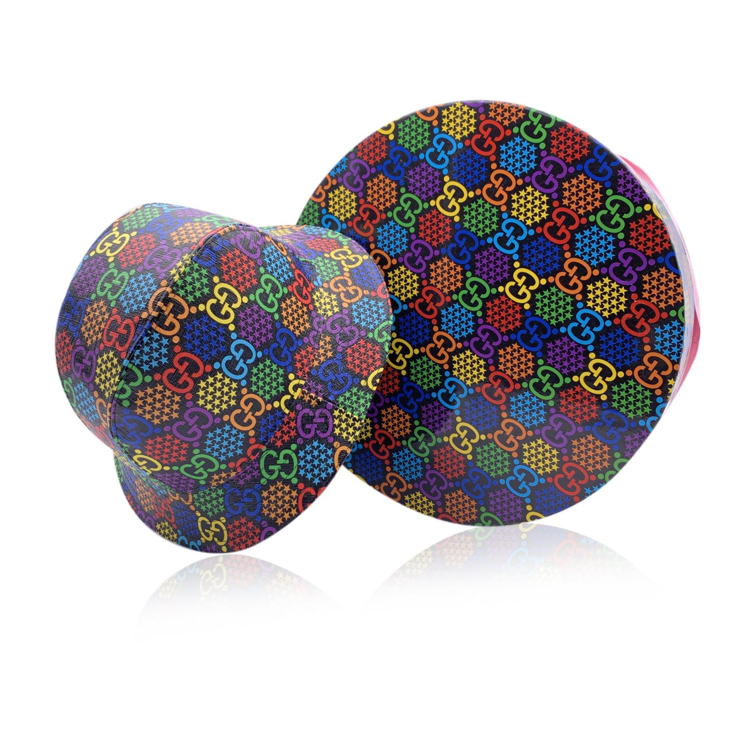Black bucket cap from Gucci, the 'Psychedelic' collection. Made of GG Psychedelic Supreme canvas. It features multicolor monogram pattern on black background. Composition: 56% Polyester, 44% Cotton. Size: M - 58 mm. Gucci box