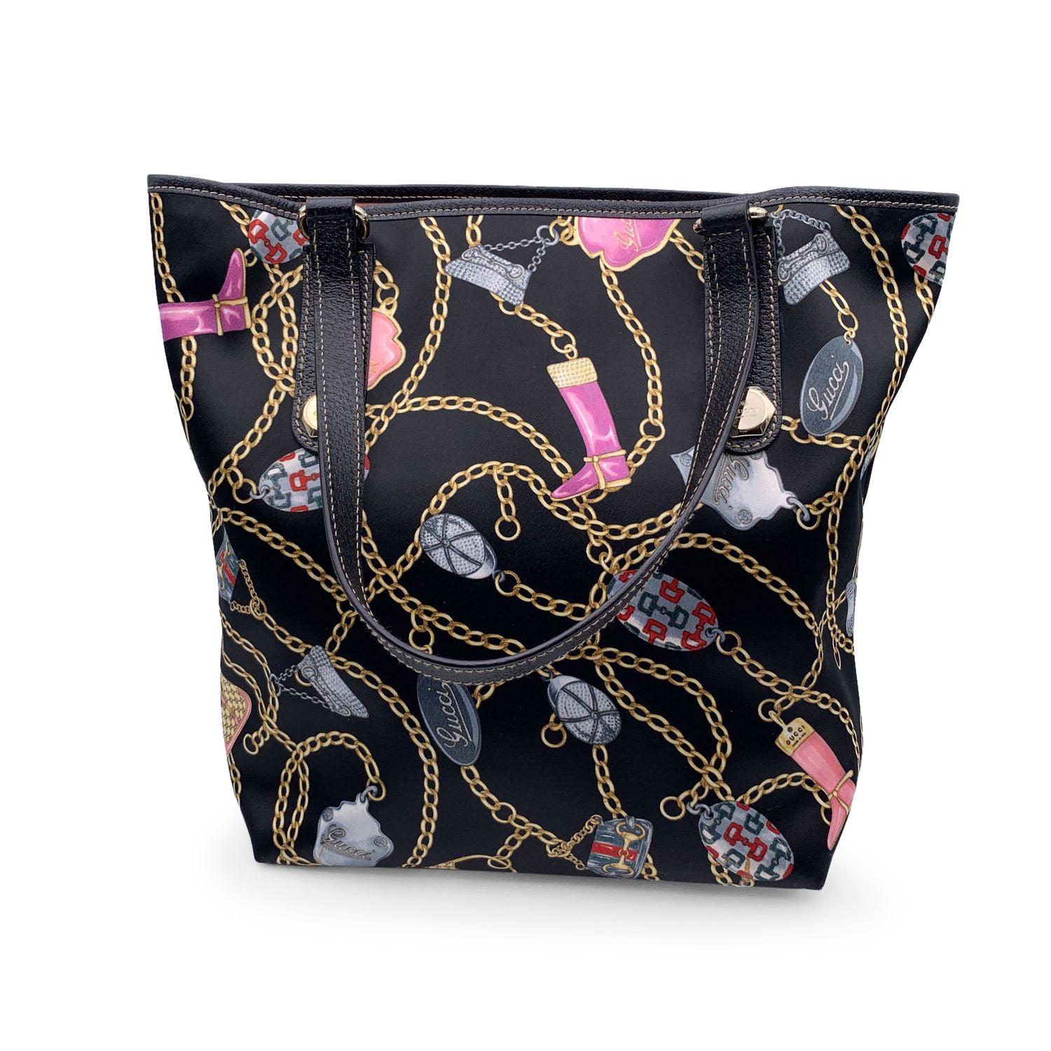 Gucci Black Multicolor Satin Charms cnad Chain Print Tote Bag In Excellent Condition In Rome, Rome