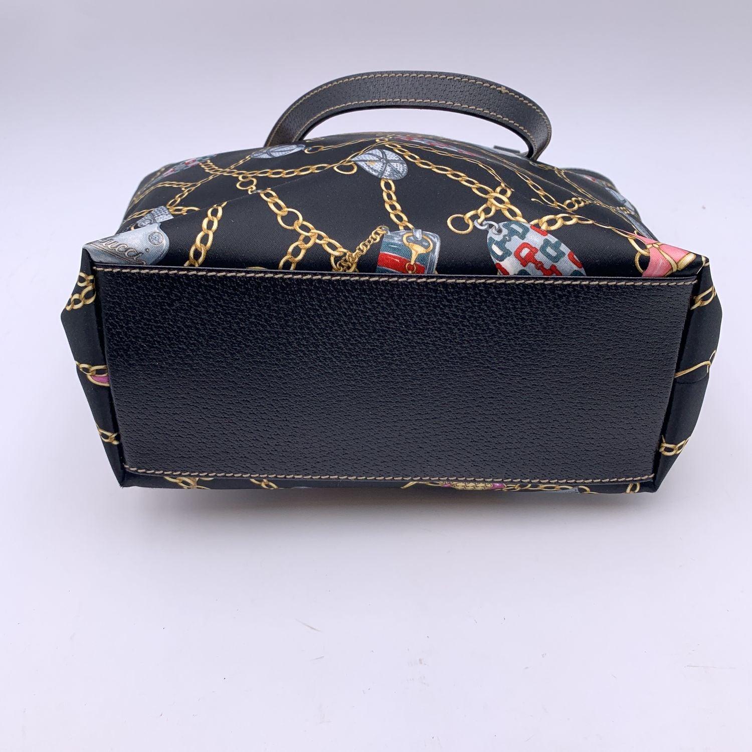 Women's Gucci Black Multicolor Satin Charms cnad Chain Print Tote Bag