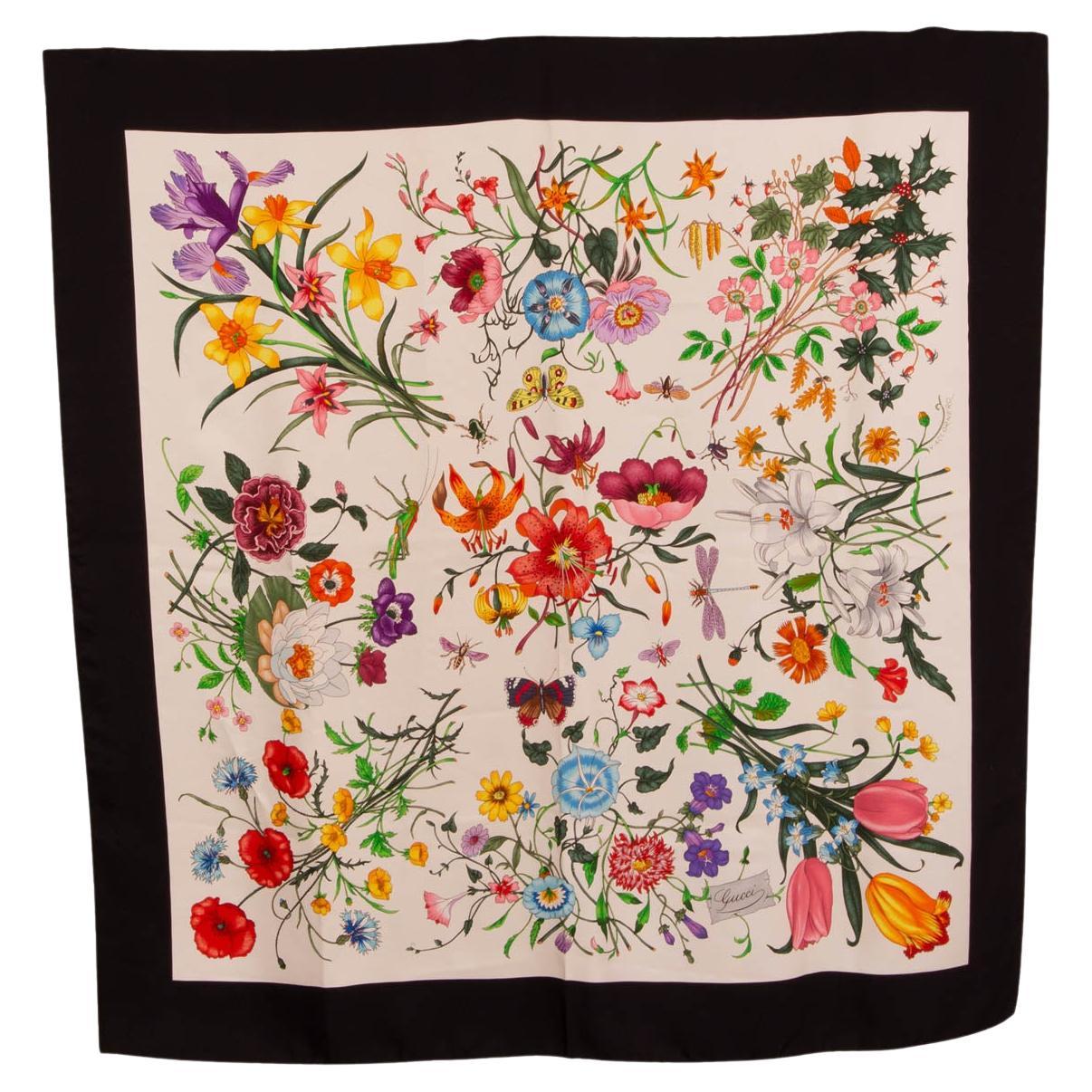 Gucci - Écharpe en sergé de soie noire et multicolore GOTHIC FLORA 90