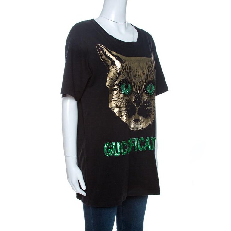 Glimlach Ezel Auto Gucci Black Mystic Cat Guccification Embellished T-Shirt M For Sale at  1stDibs | gucci mystic cat shirt, gucci t shirt
