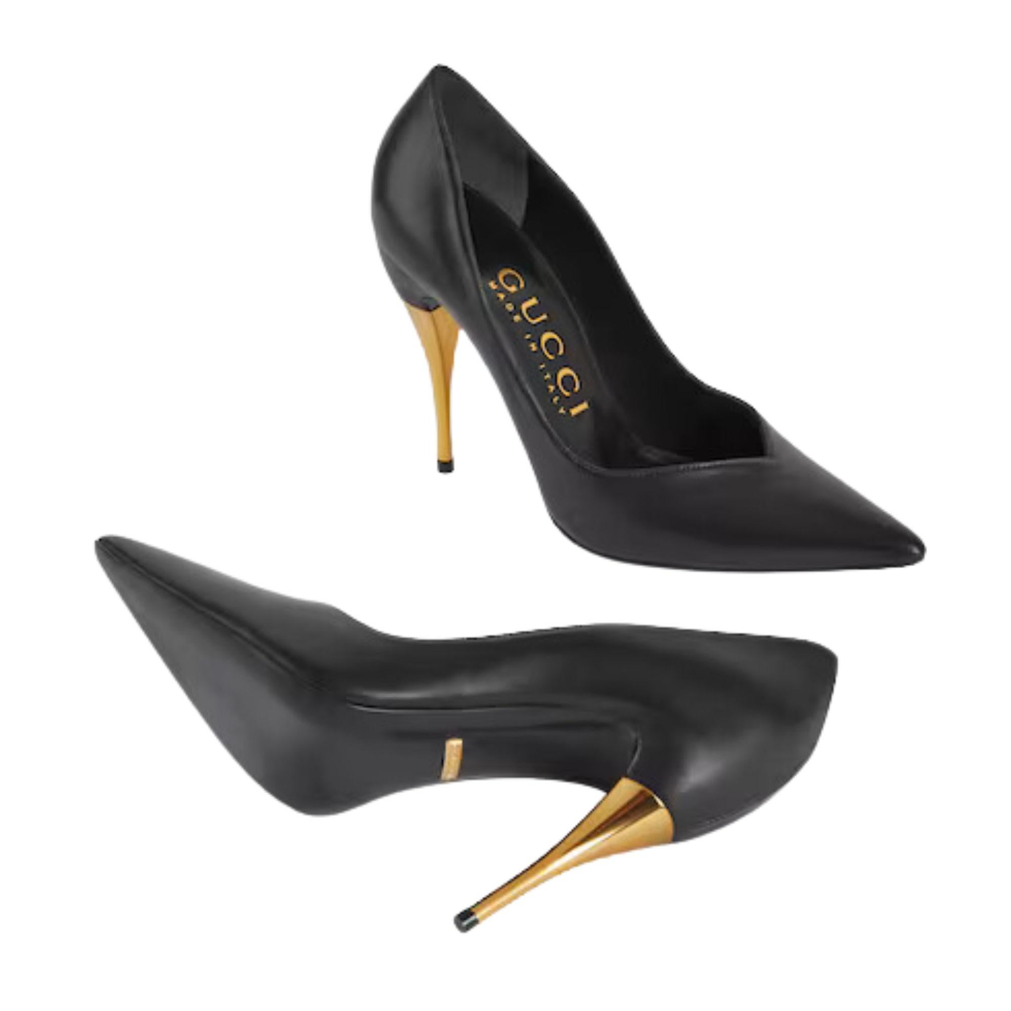 Gucci Black Nappa Calfskin Charlotte Gold Heels EU 35.5 In Excellent Condition For Sale In Montreal, Quebec