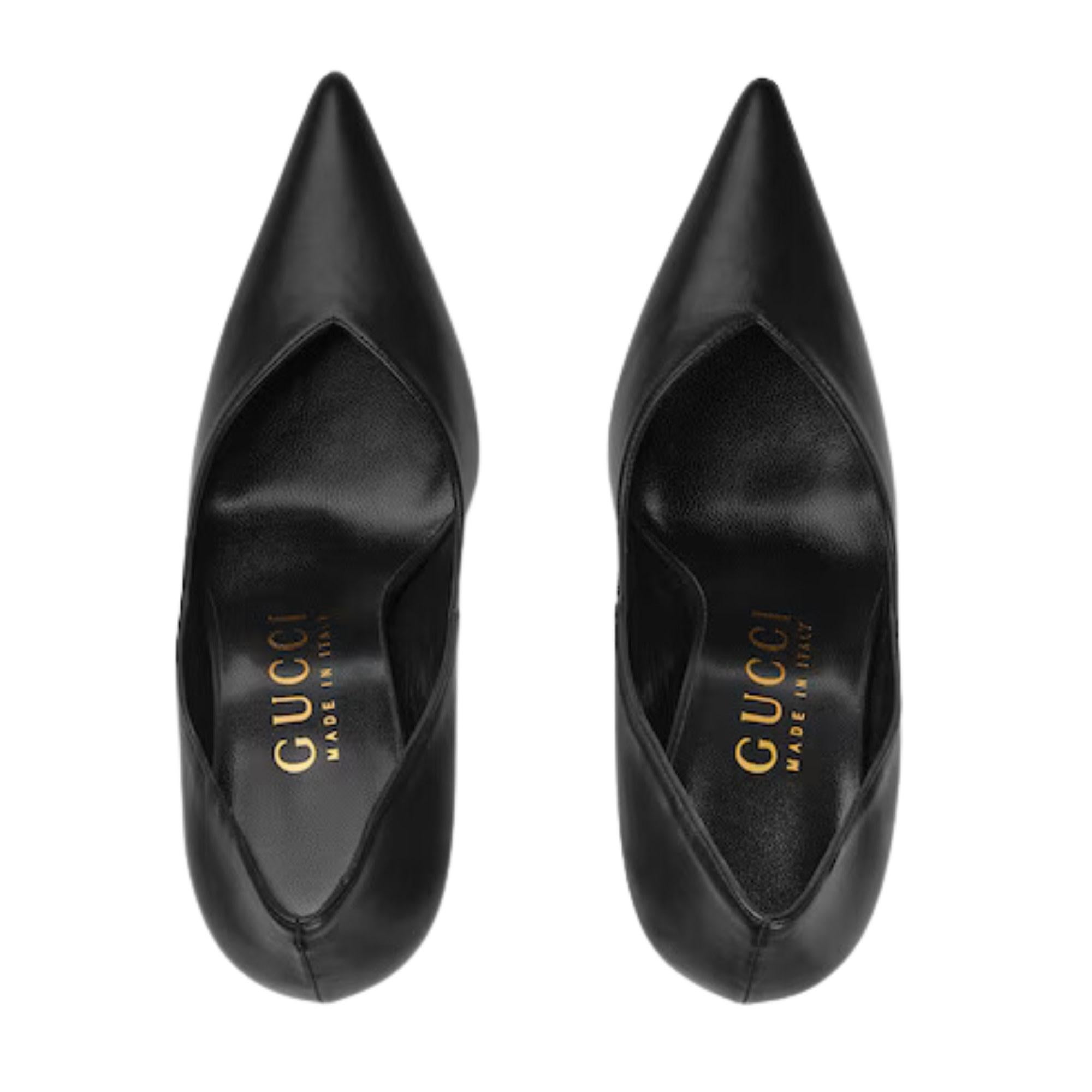 Gucci Black Nappa Calfskin Charlotte Gold Heels EU 35.5 For Sale 1