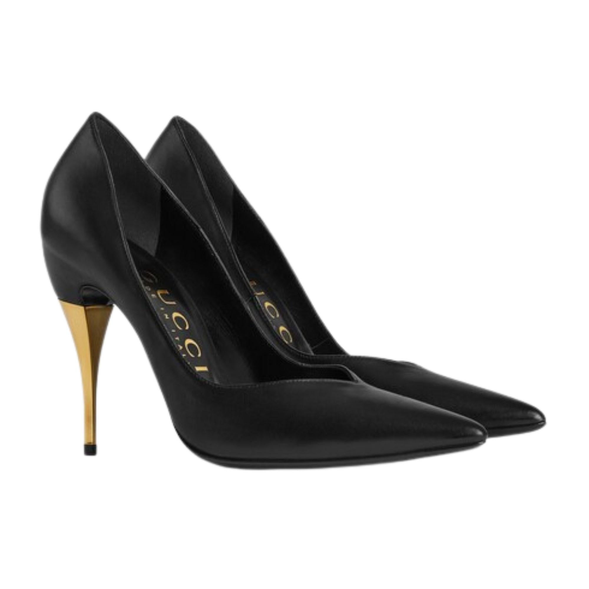 Gucci Black Nappa Calfskin Charlotte Gold Heels EU 35.5 For Sale 3