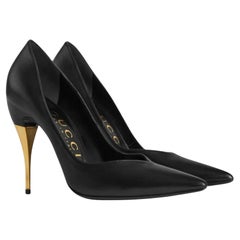 Gucci Black Nappa Calfskin Charlotte Gold Heels EU 35.5