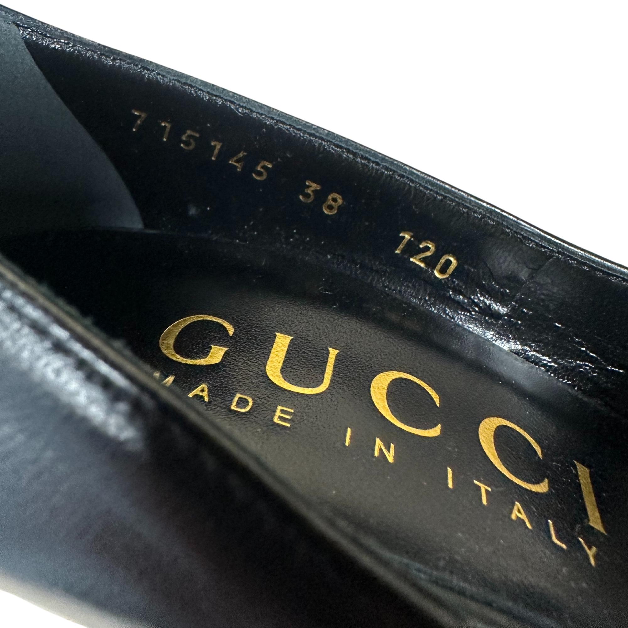 Gucci Black Nappa Calfskin Charlotte Gold Heels EU 38 For Sale 2
