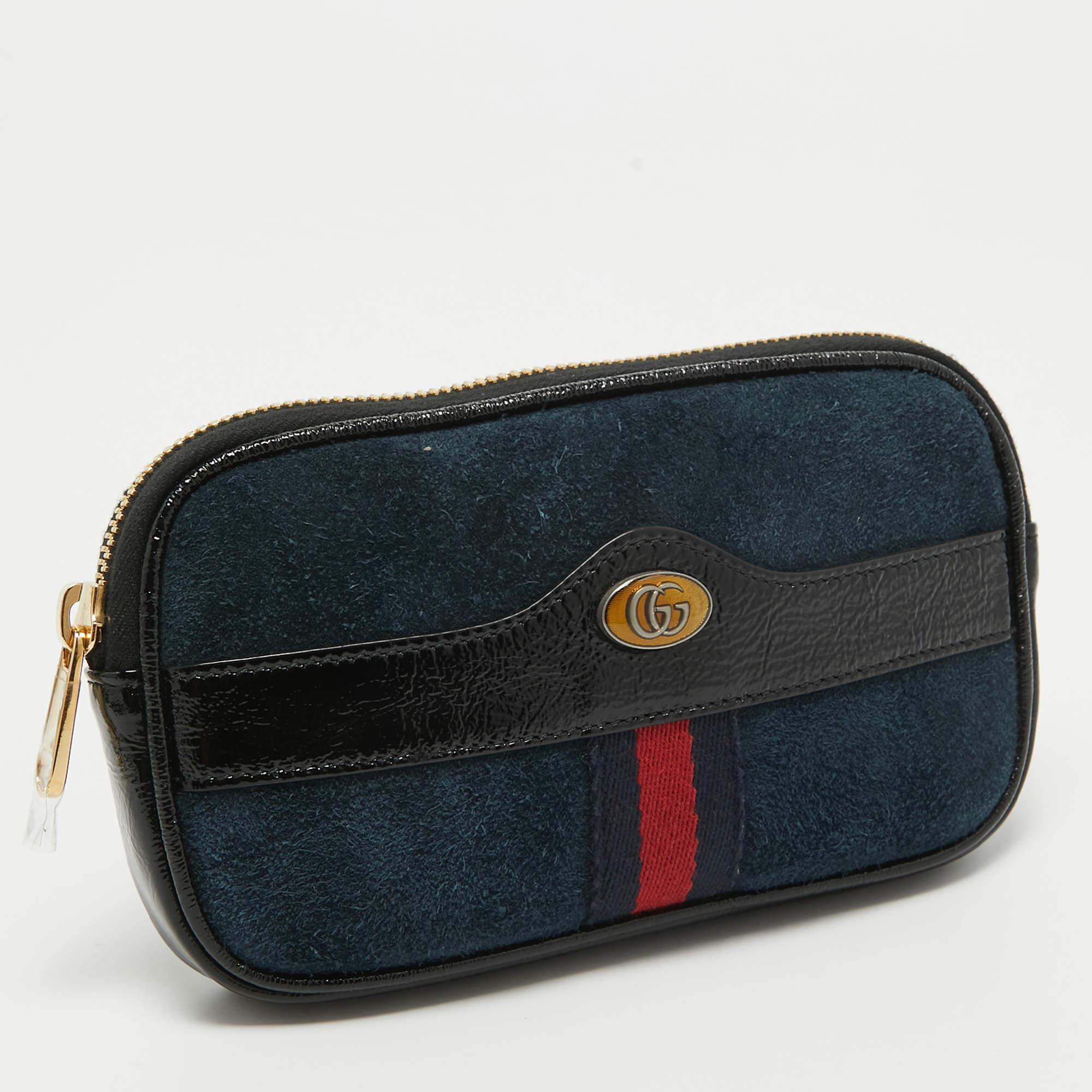 Gucci Black/Navy Blue Suede and Patent Leather Ophidia Belt Bag For Sale 8