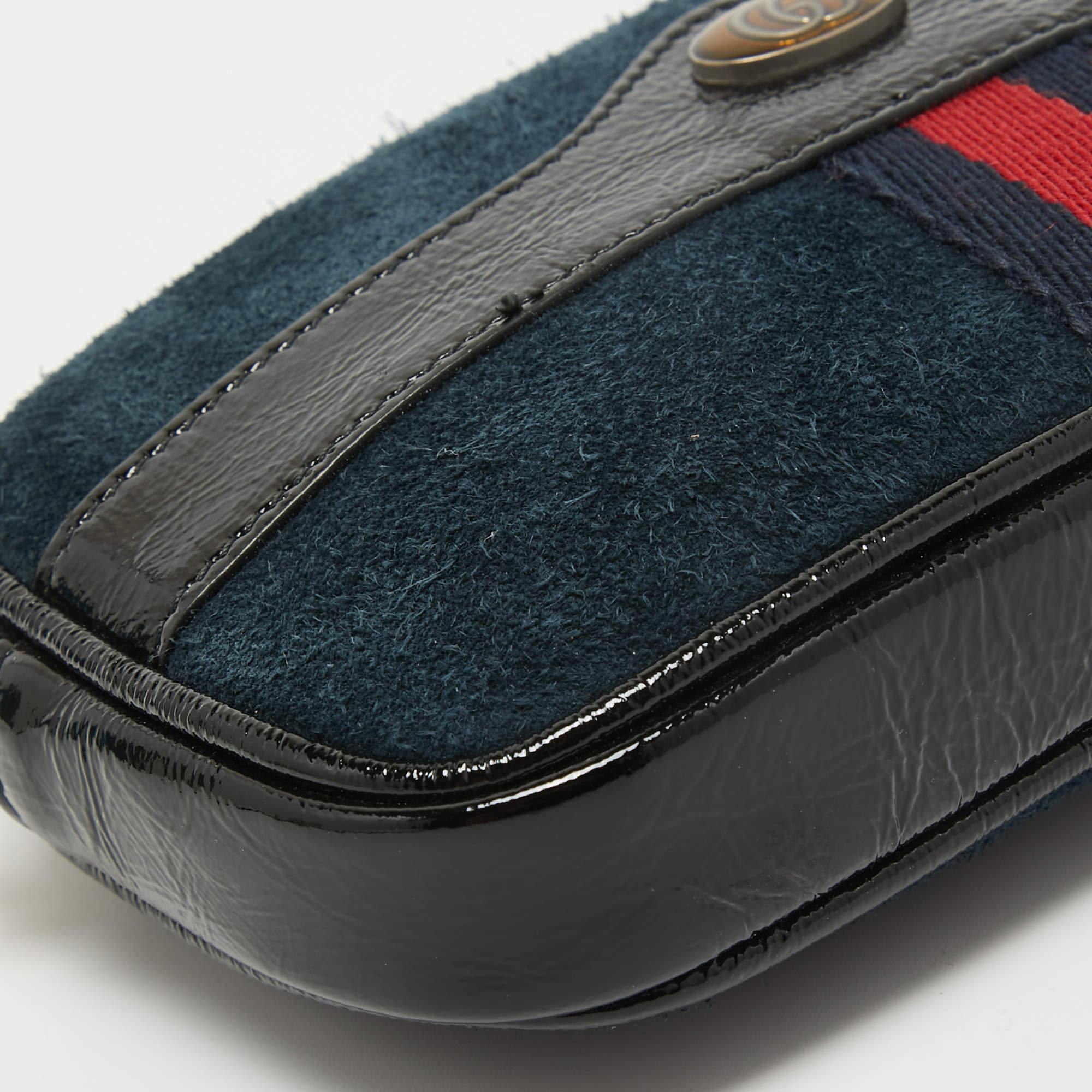 Gucci Black/Navy Blue Suede and Patent Leather Ophidia Belt Bag In Good Condition For Sale In Dubai, Al Qouz 2
