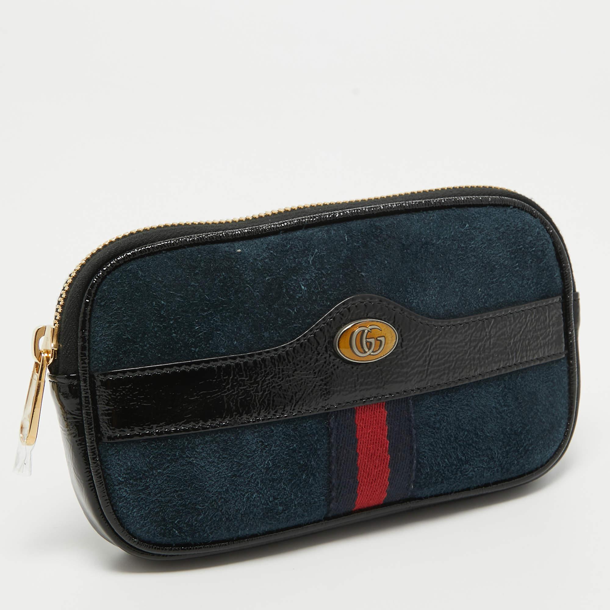 Gucci Black/Navy Blue Suede and Patent Leather Ophidia Belt Bag For Sale 2