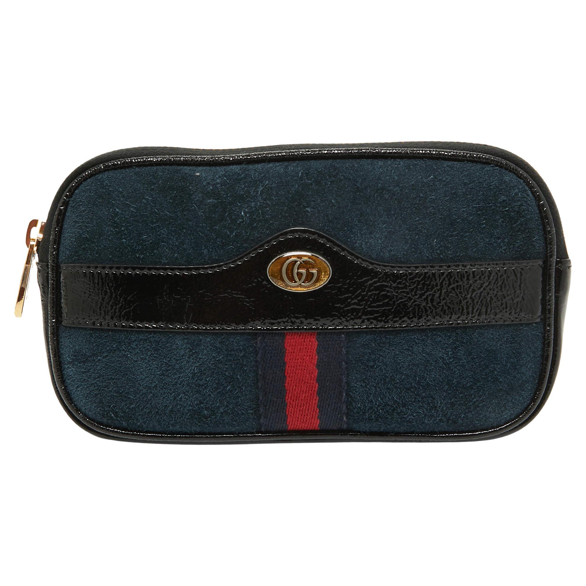 Gucci Black/Navy Blue Suede and Patent Leather Ophidia Belt Bag For Sale