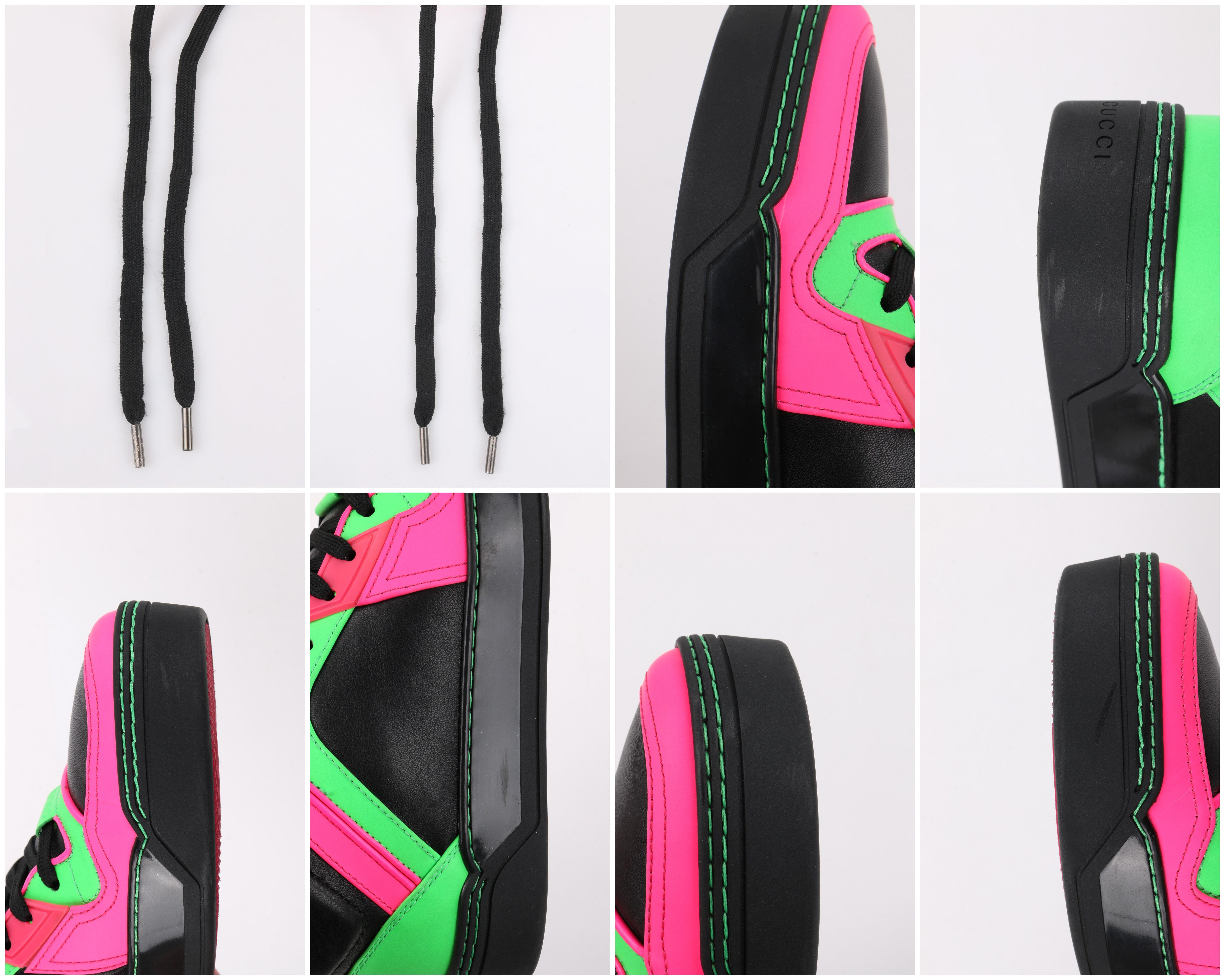 GUCCI Black Neon Green Pink Black Leather High Top Sneakers 4