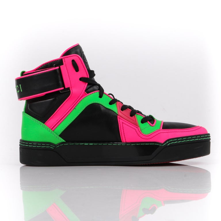 GUCCI Black Neon Green Pink Black Leather High Top Sneakers at 1stDibs