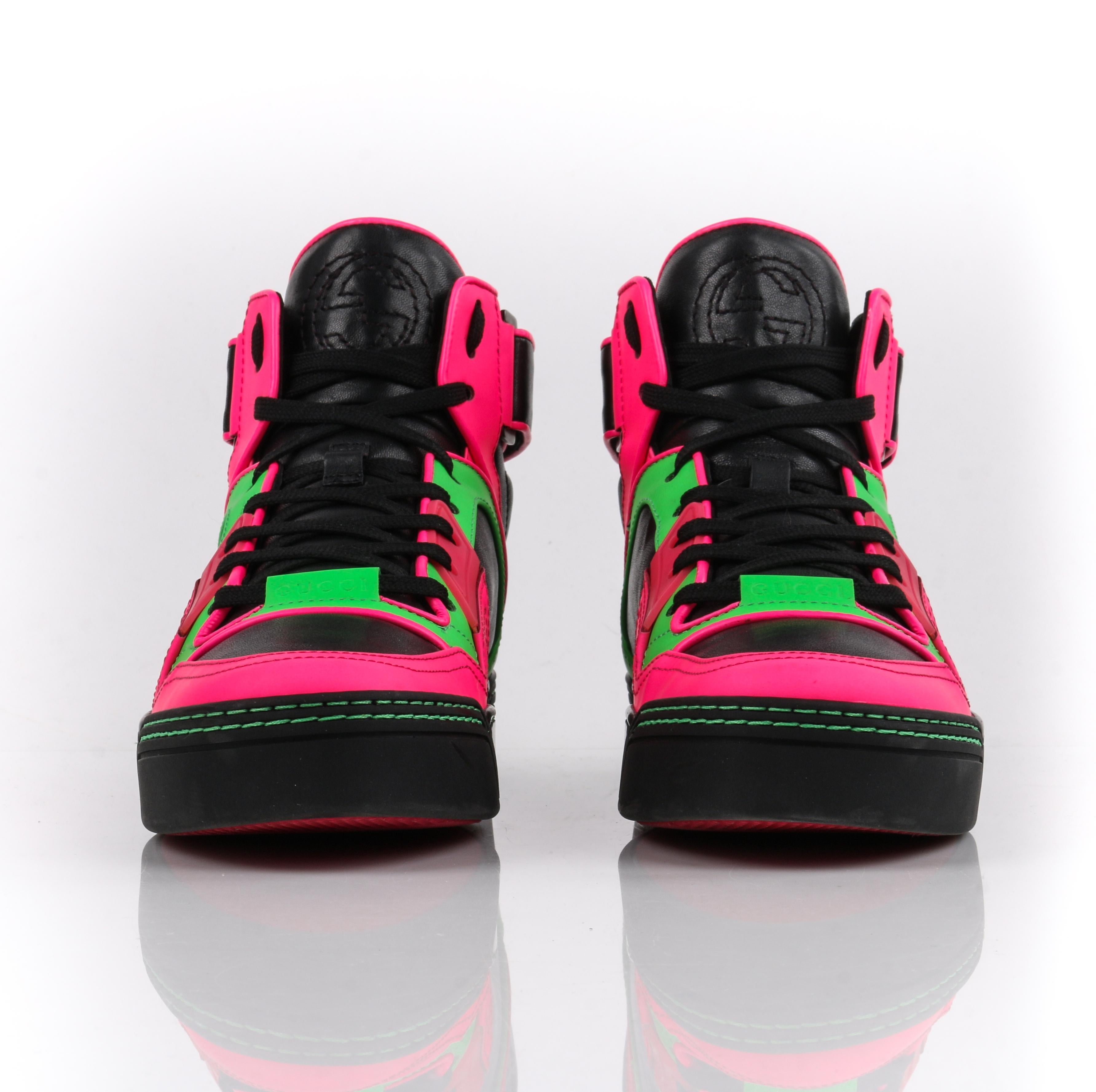GUCCI Black Neon Green Pink Black Leather High Top Sneakers In Excellent Condition In Thiensville, WI