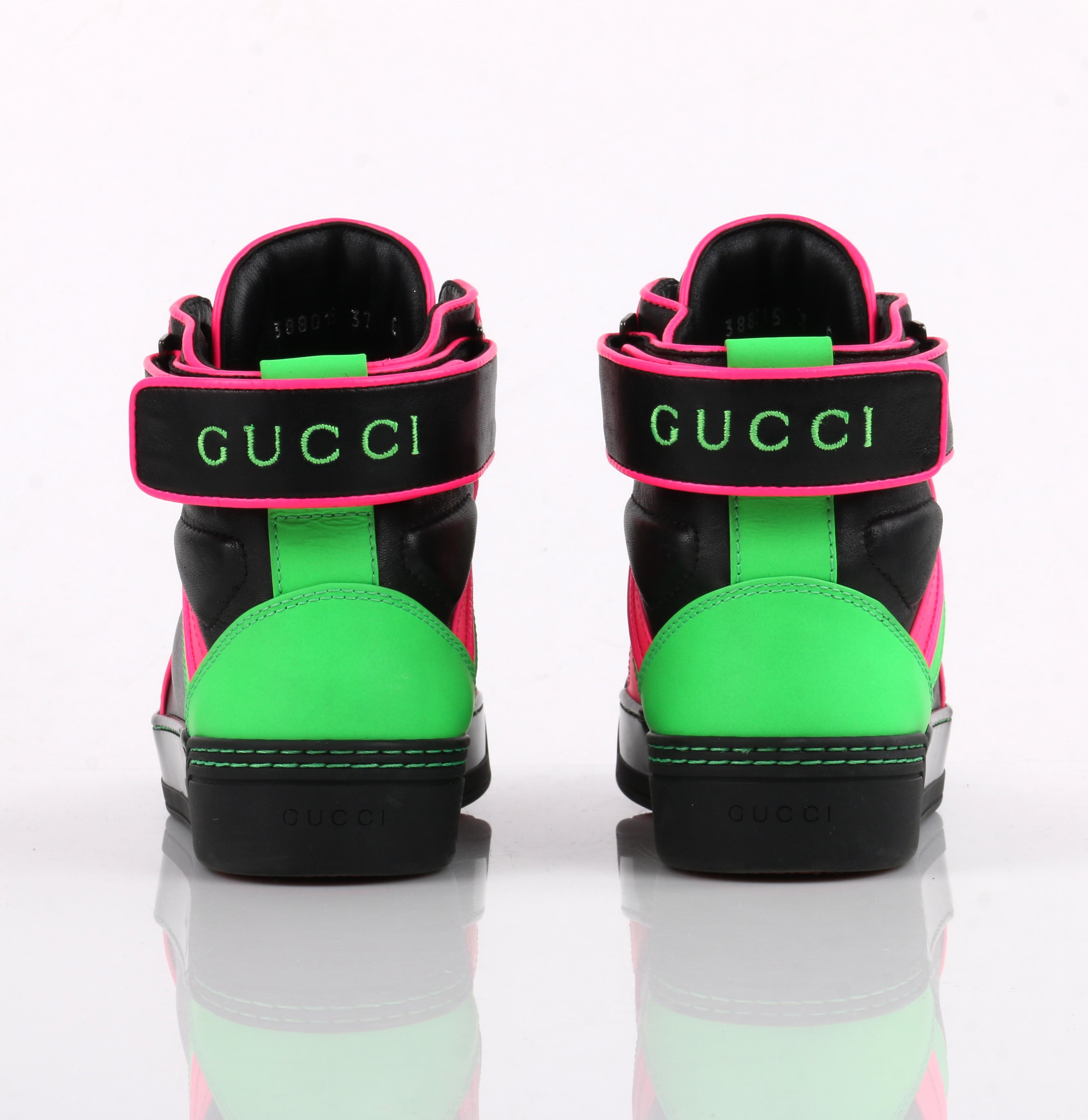 Women's GUCCI Black Neon Green Pink Black Leather High Top Sneakers