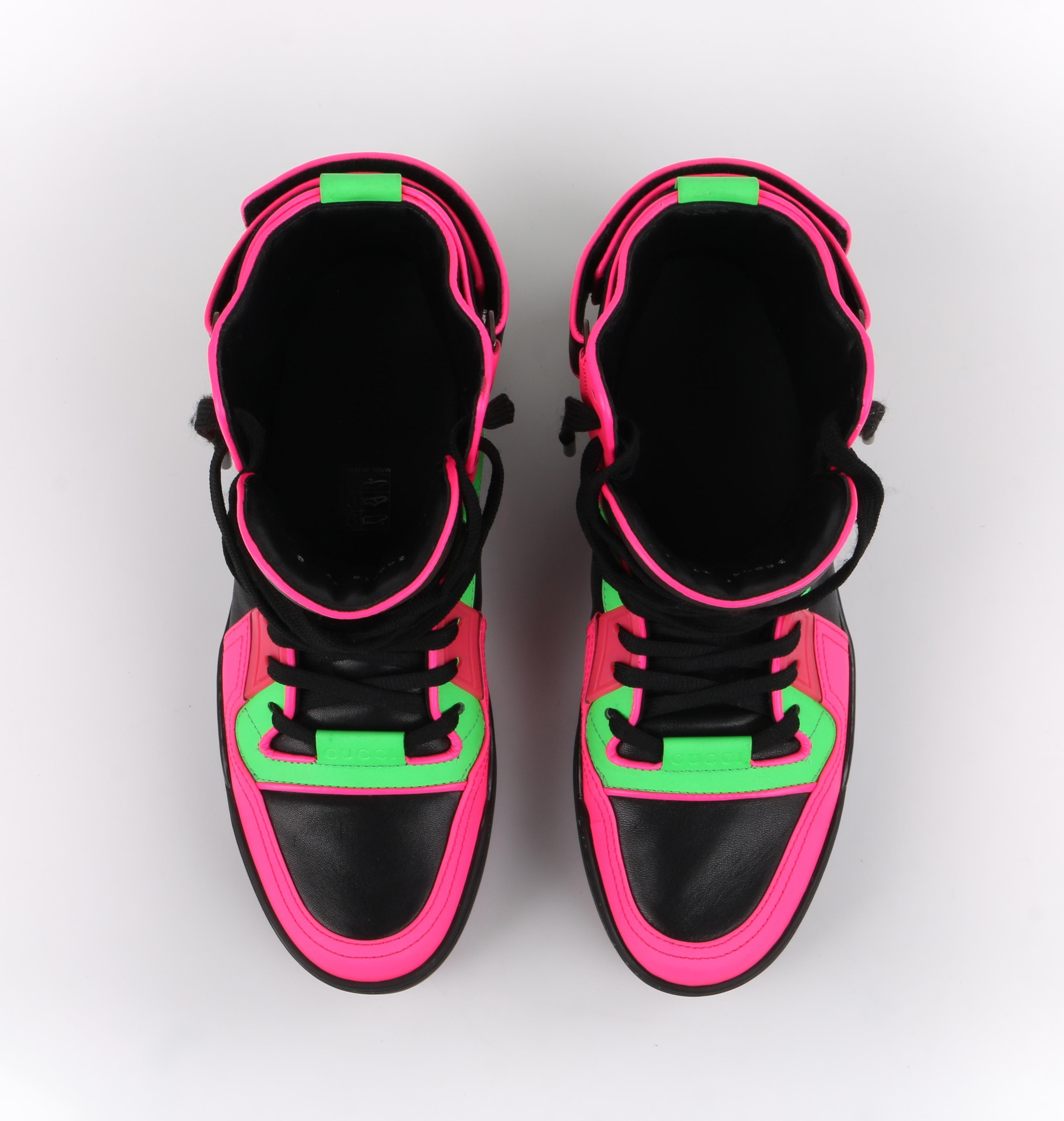 GUCCI Black Neon Green Pink Black Leather High Top Sneakers 1