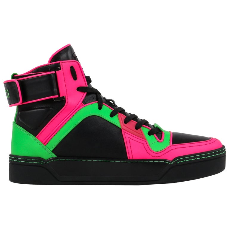 GUCCI Black Neon Green Pink Black Leather High Top Sneakers at 1stDibs |  pink and green shoes, pink and green gucci sneakers, pink and green sneakers