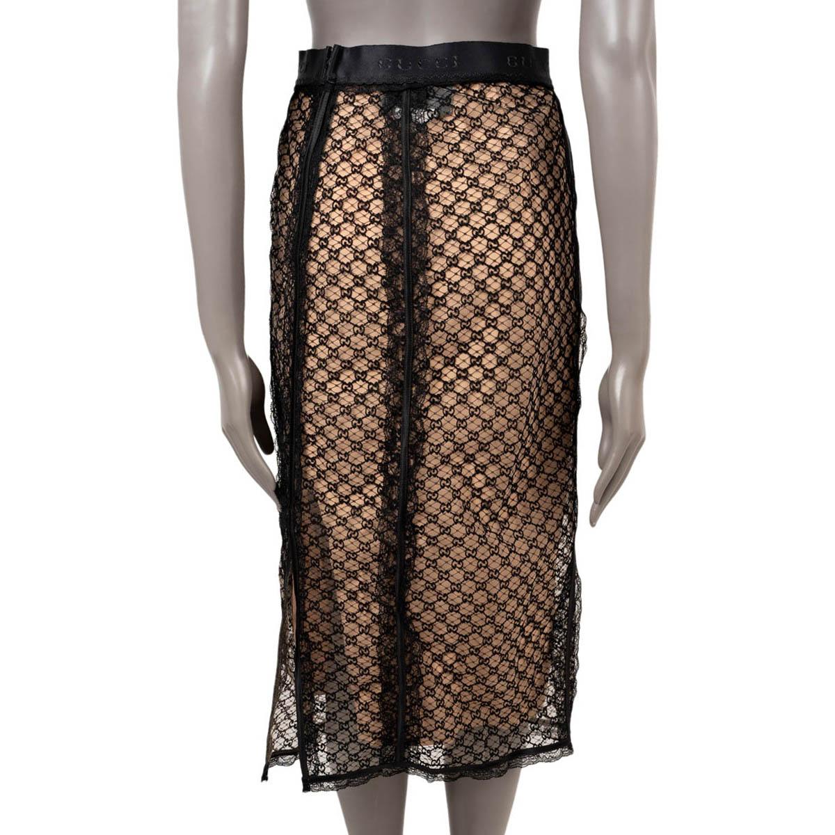 GUCCI black & nude 2021 GG MESH & LACE TRIM MIDI Skirt S In Excellent Condition For Sale In Zürich, CH