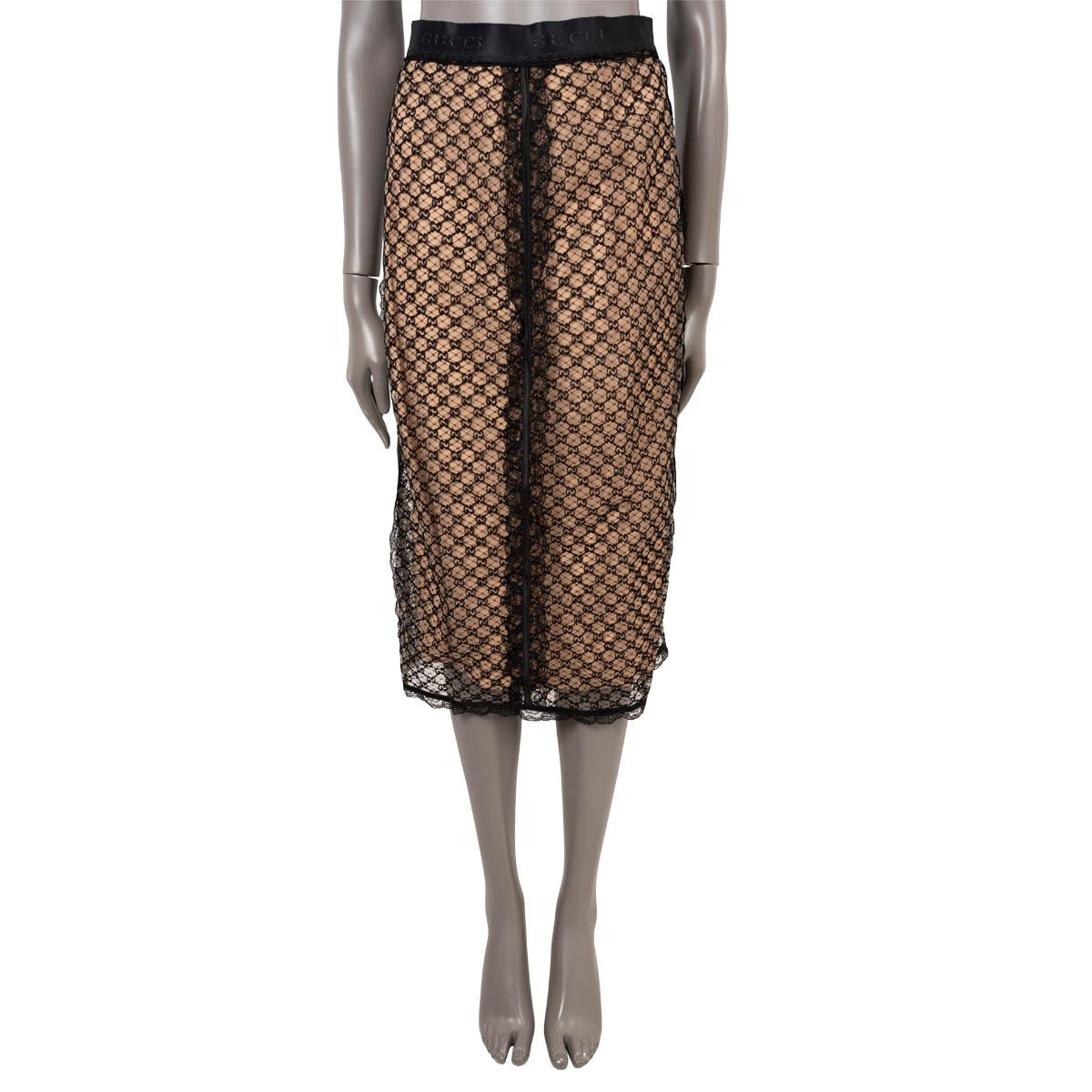 Women's GUCCI black & nude 2021 GG MESH & LACE TRIM MIDI Skirt S For Sale