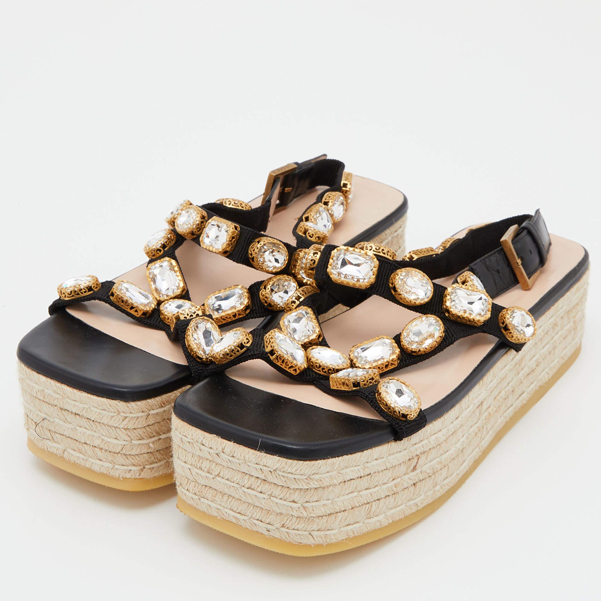 Gucci Gold Leather Floral Embroidered Espadrille Wedge Sandals Size 37.5 at  1stDibs
