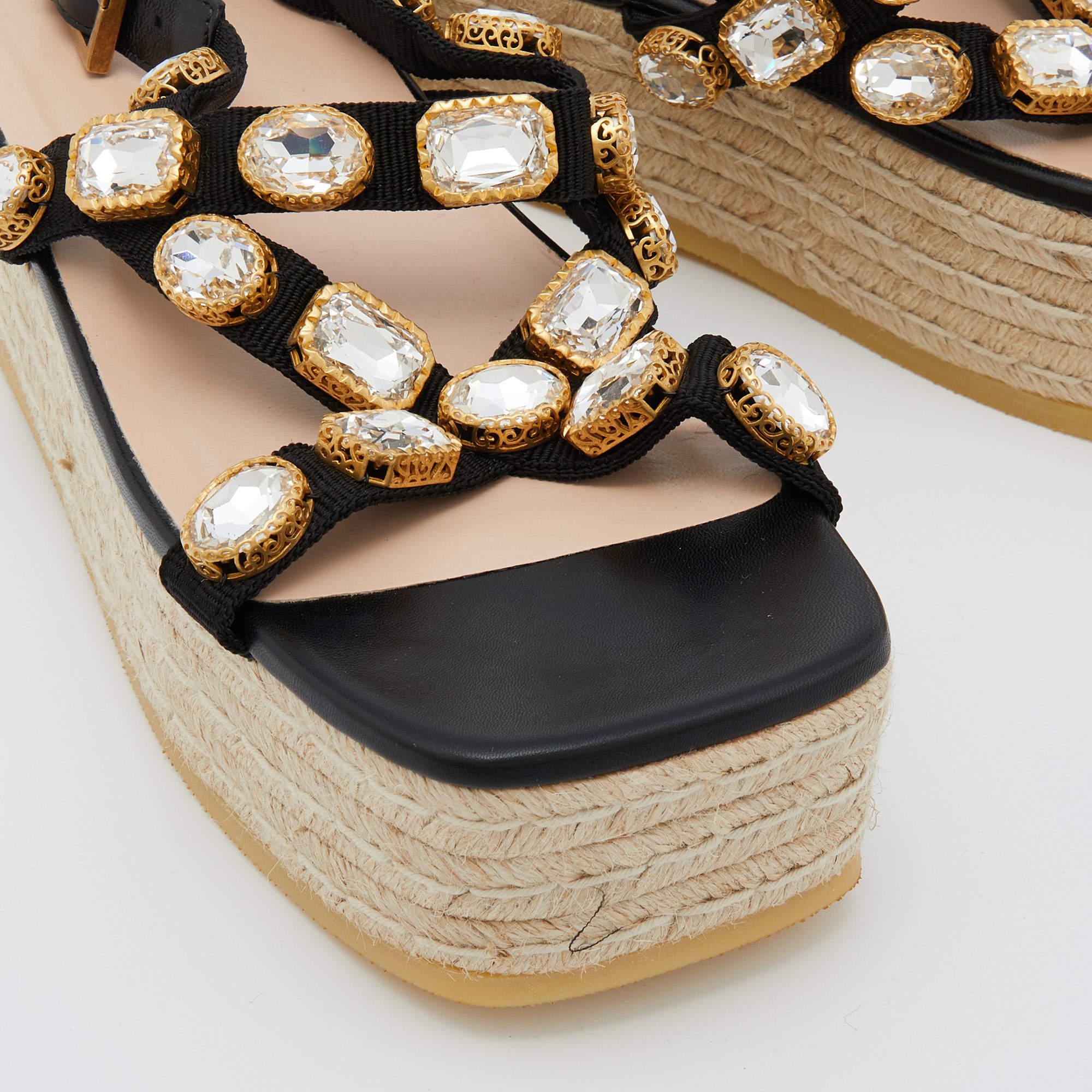 Beige Gucci Black Nylon and Leather Pepita Crystals Platform Espadrille Sandals Size 3