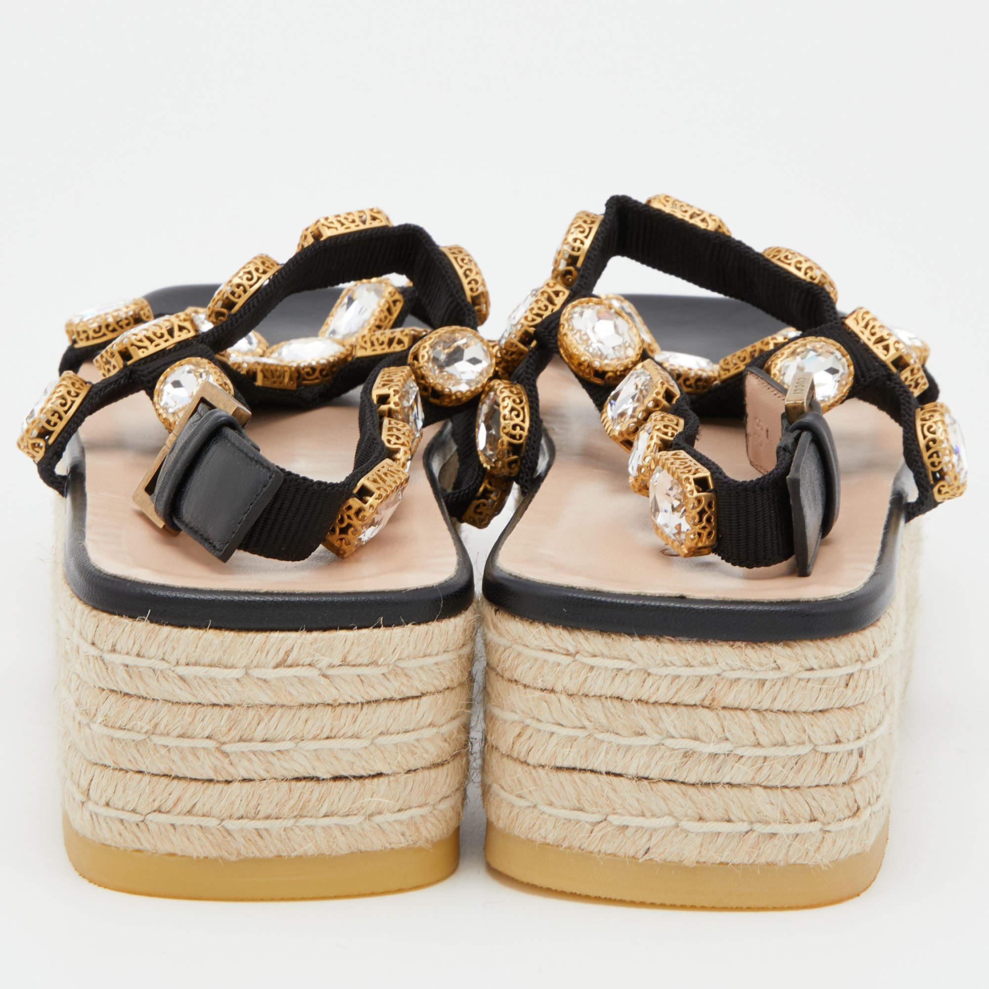 Women's Gucci Black Nylon and Leather Pepita Crystals Platform Espadrille Sandals Size 3