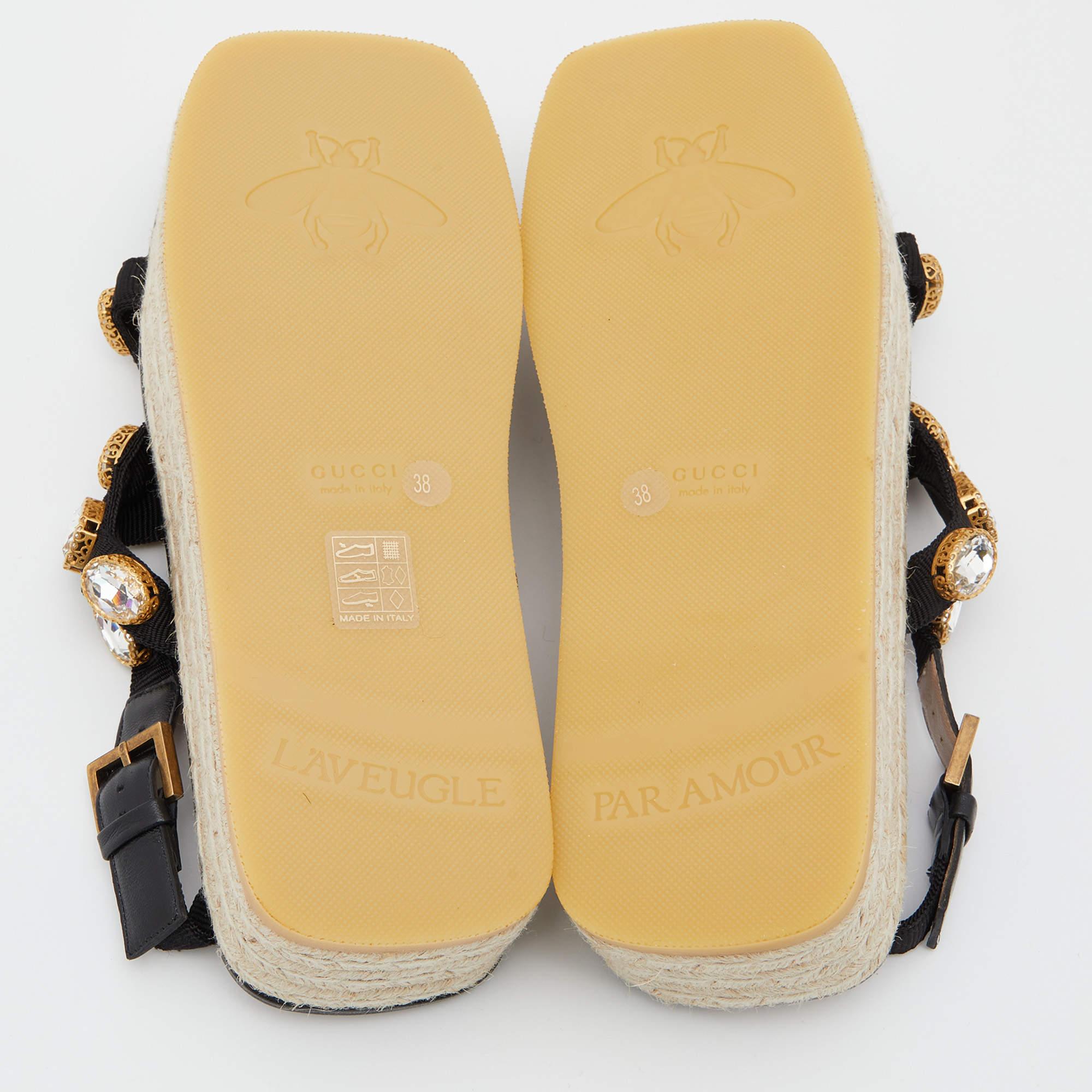 Gucci Black Nylon and Leather Pepita Crystals Platform Espadrille Sandals Size 3 3