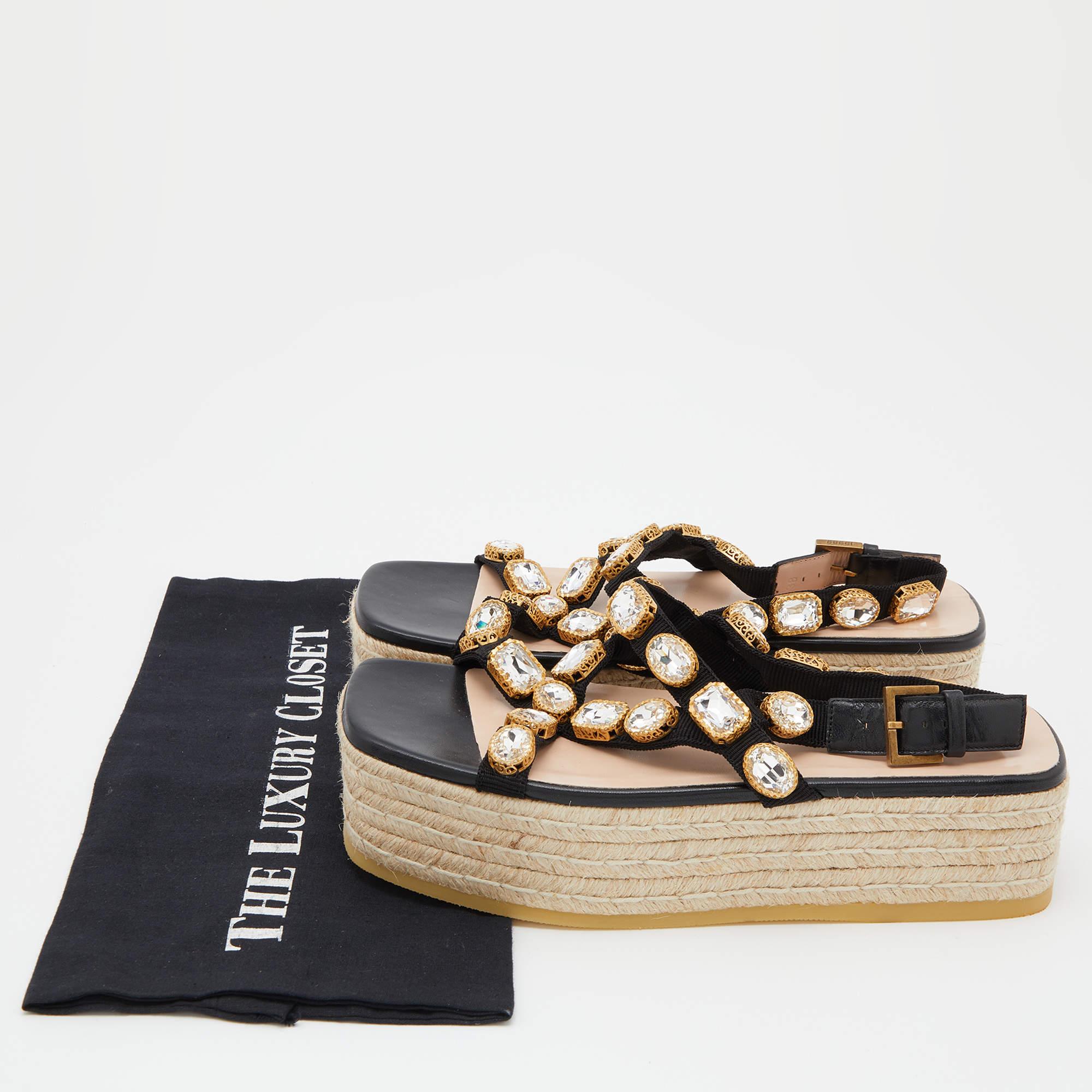 Gucci Black Nylon and Leather Pepita Crystals Platform Espadrille Sandals Size 3 4