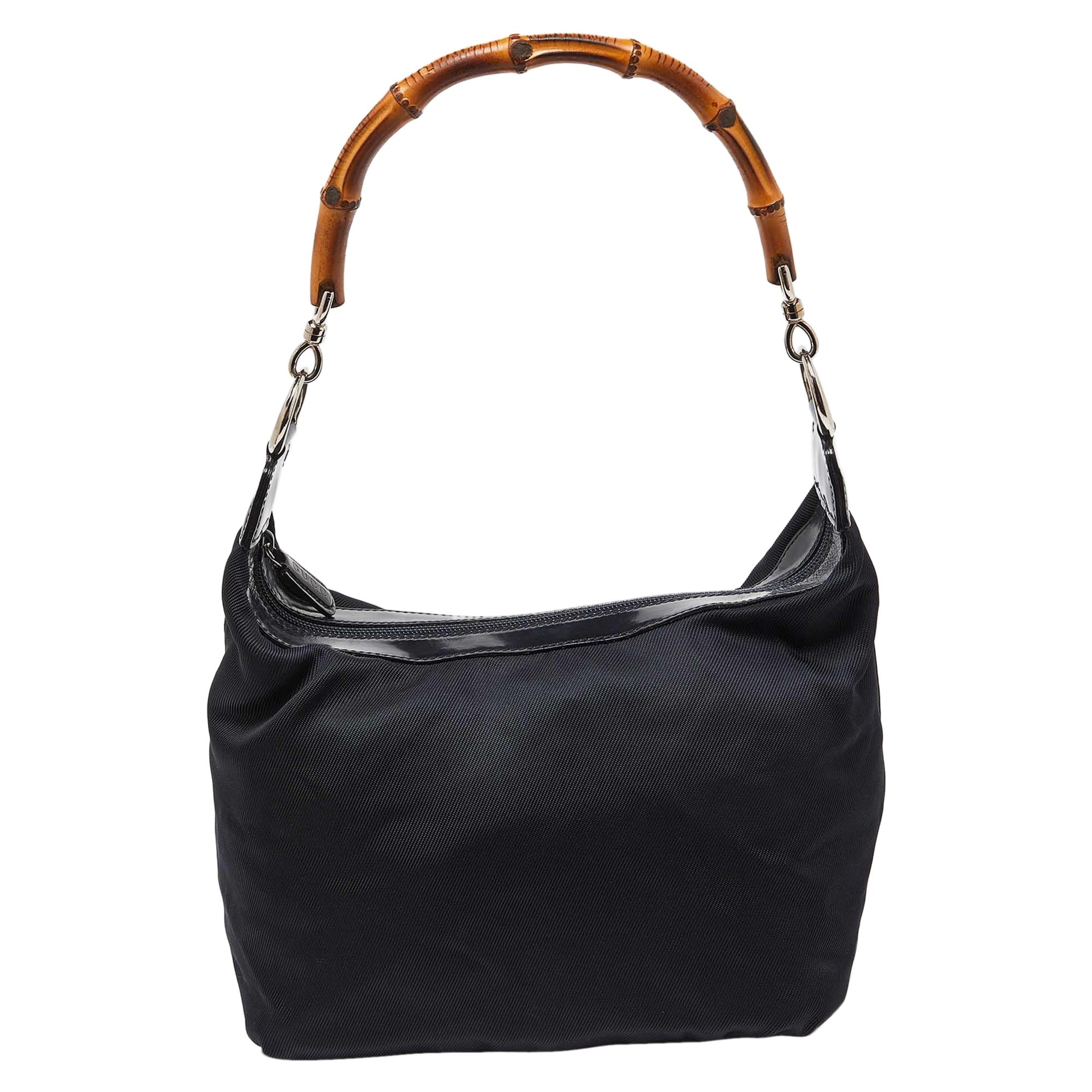 Gucci Black Nylon and Patent Leather Bamboo Handle Bag