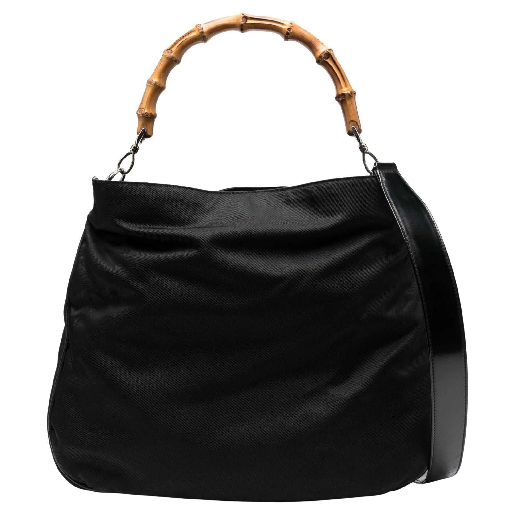 Gucci Borsa Tote in nylon nero e bambù